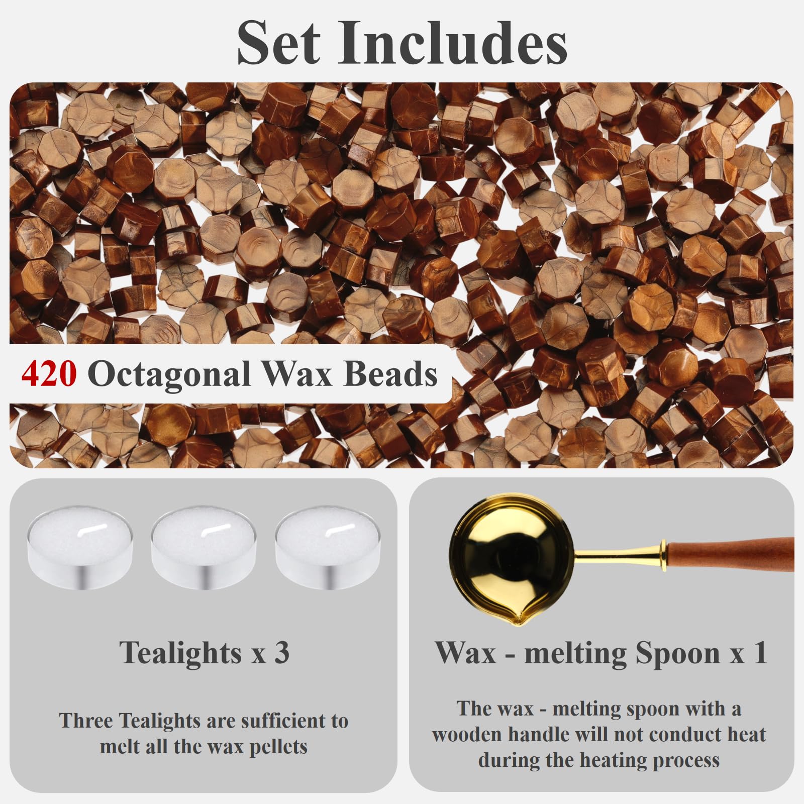 420 Stück Wachssiegelperlen, Wachssiegel-Set mit 3 Teekerzen und 1 Schmelzlöffel, antikes Dekor für Hochzeitseinladungen, Umschlag, Sammelalbum, DIY-Geschenkpapier (Golden B)