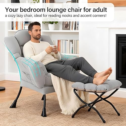 Miniatura 8 de Silla Lazy con otomana, moderna silla decorativa con almohada lumbar, sillas cómodas con reposapiés plegable para dormitorio, lectura, sillas de