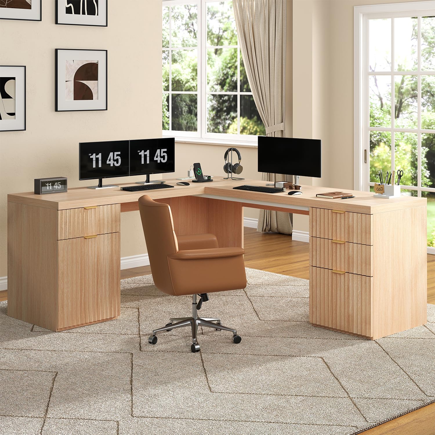 Photo 1 of ***BOX 1/2***69" Fluted L Shaped Executive Desk with Power Outlets & File Drawer, Modern Wood L Shaped Office Desk with Storage Cabinet and Drawers, Large Corner Desk Computer Writing Desk for Home, Natural Oak