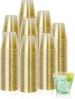 I00000 5oz 200 Pack Shot Glasses, Small Gold Glitter Disposable Plastic Cups,Plastic Party Cups for Vodka, Whiskey, Great Container for Sauce,Medicine and Pudding