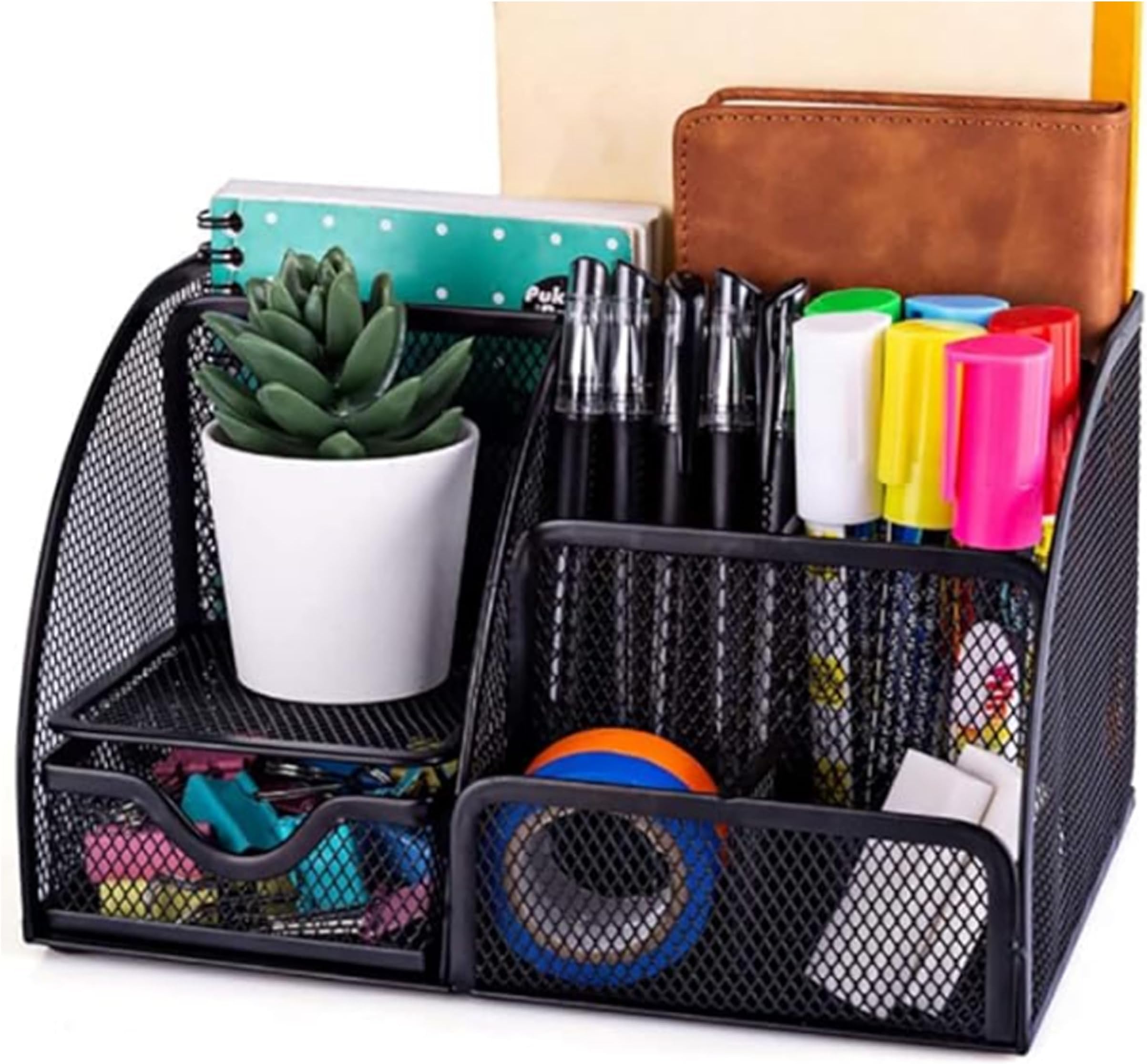 Zaroon Mesh Desk Organizer, Office Supplies, Multi-Functional Caddy Pen Holder Stationery Organizer for School, Office And Home, (6 Compartments and 1 Drawer)