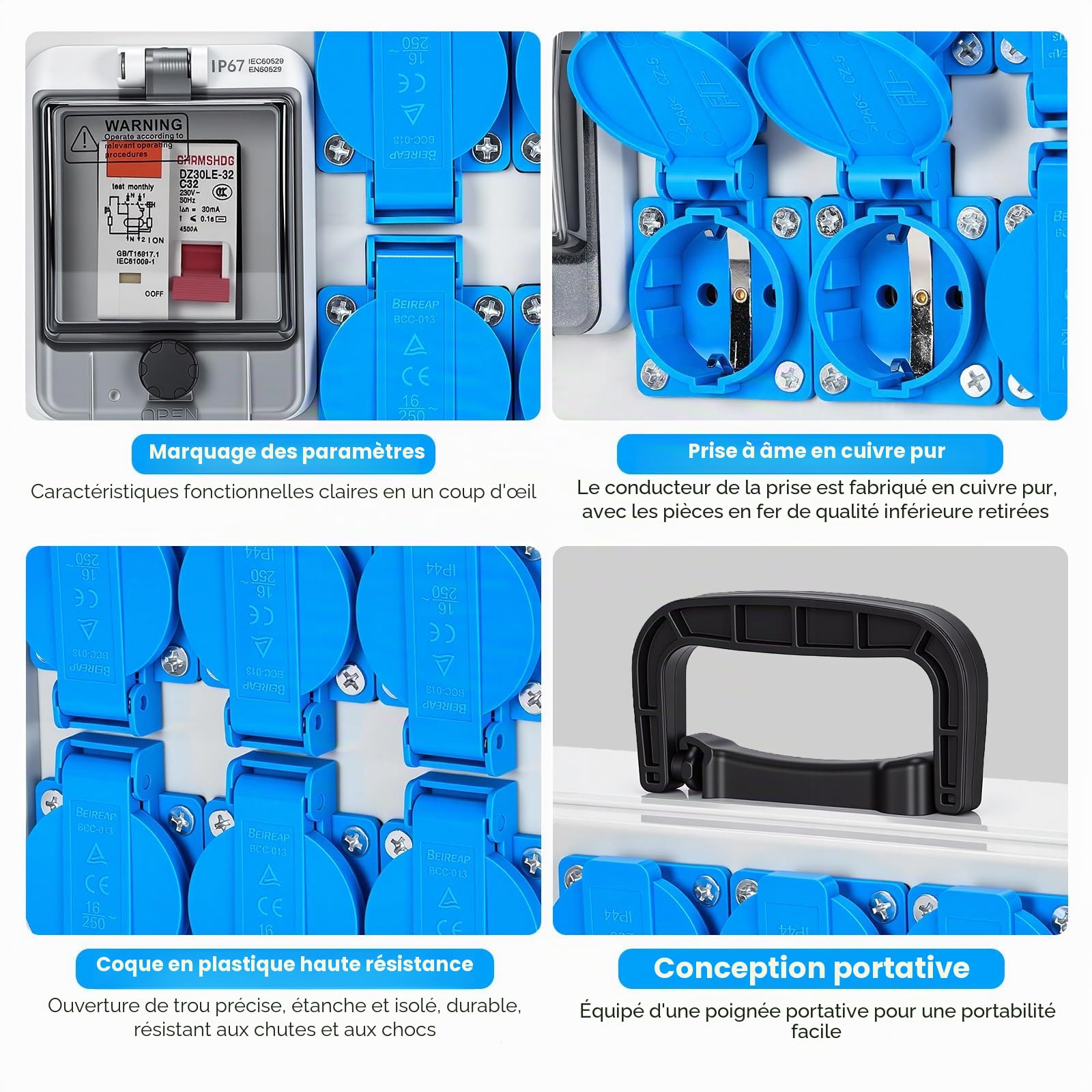 Coffret de chantier 16A IP67 avec 6 prises Schuko & interrupteur différentiel 30mA, Boîtier de distribution électrique 230V, Réglette étanche murale avec disjoncteur de protection
