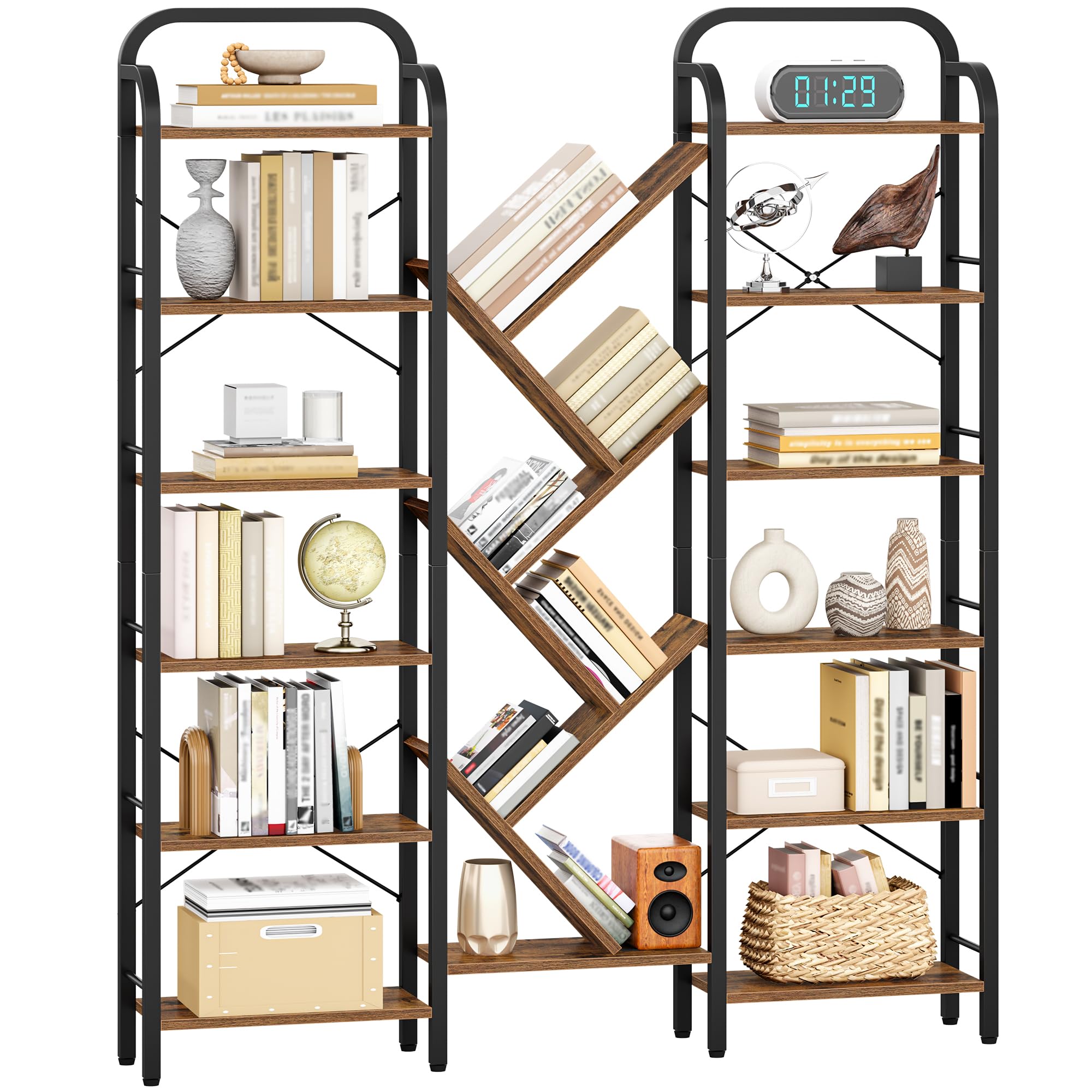 HEXCELEN Librería, Estantería de Árbol de 6 Niveles, Marrón Rústico y Negro | 18 Compartimentos, Estantería de Almacenamiento, Estantes Ajustable, 24 x 152 x 198,5 cm, para Estudio, Sala de Estar