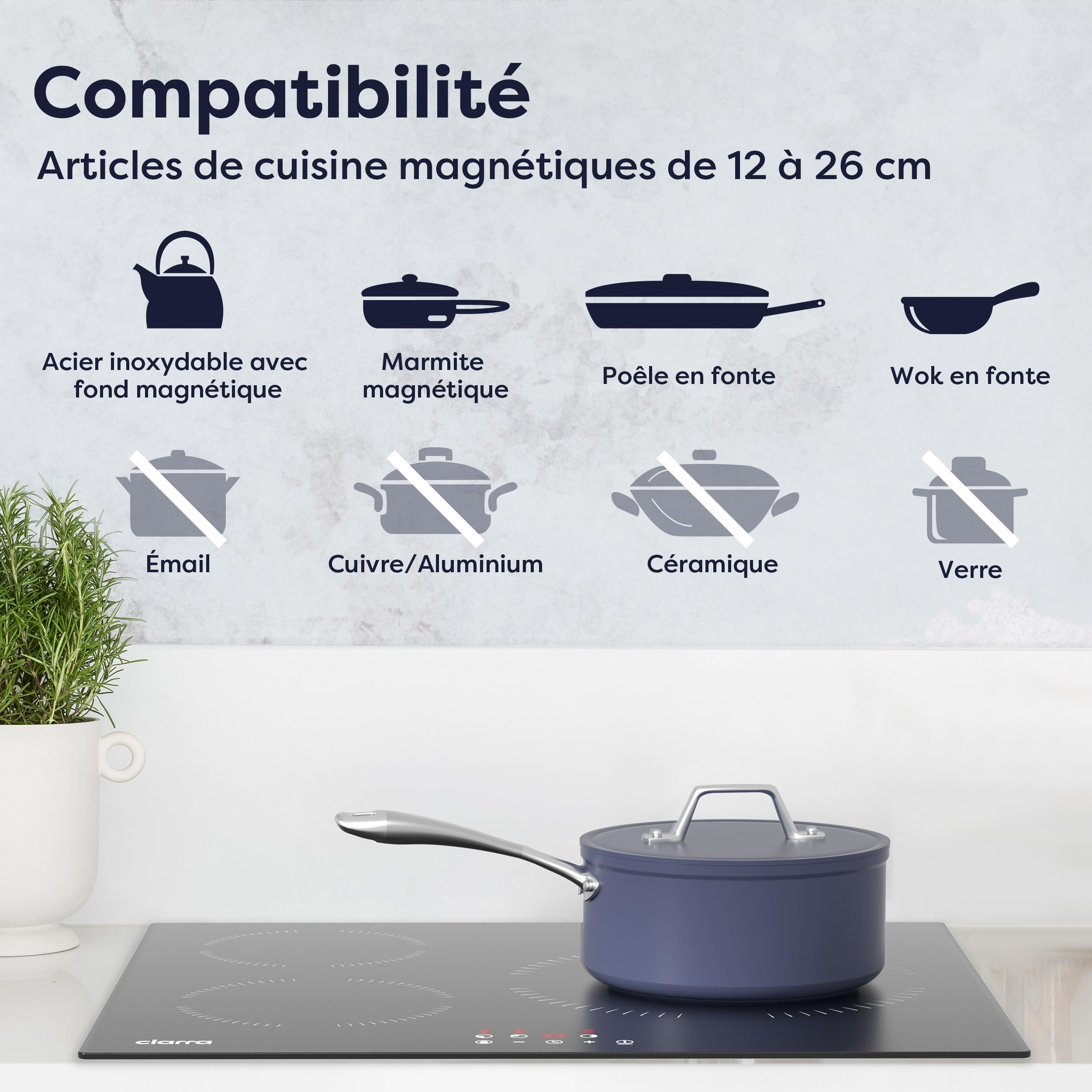 Ciarra CABBIH3-A Plaque Induction 3 Feux 5600W 60CM Verre Contrôle Tactile Minuterie Sécurité Enfant
