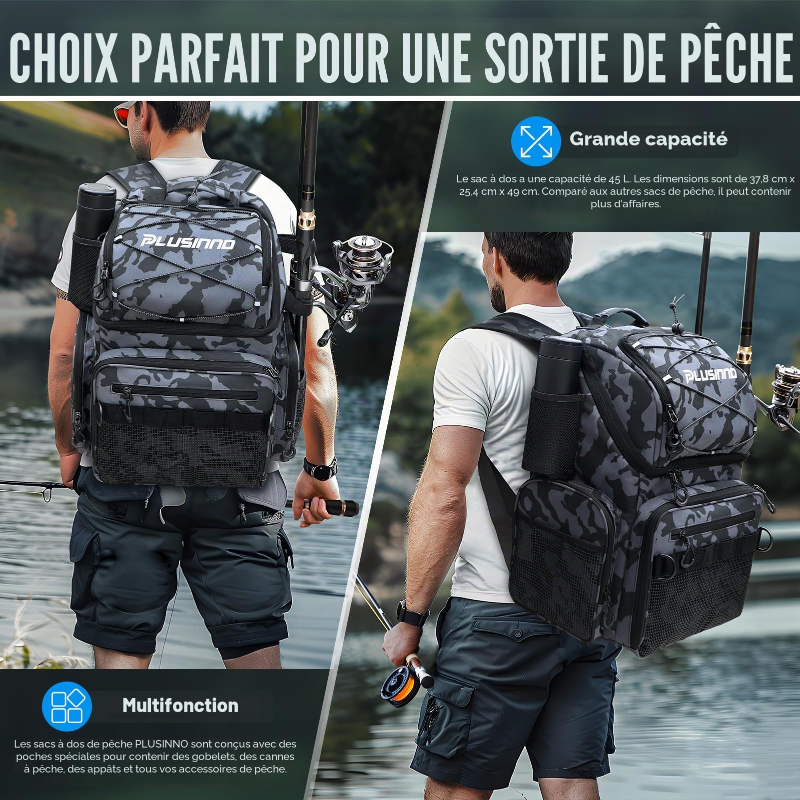 PLUSINNO Sac à dos de pêche avec supports de canne et glacière, grand sac de pêche résistant à l'eau, sac à dos de pêche pour le camping, cadeaux de pêche pour homme, père, camouflage noir, camouflage