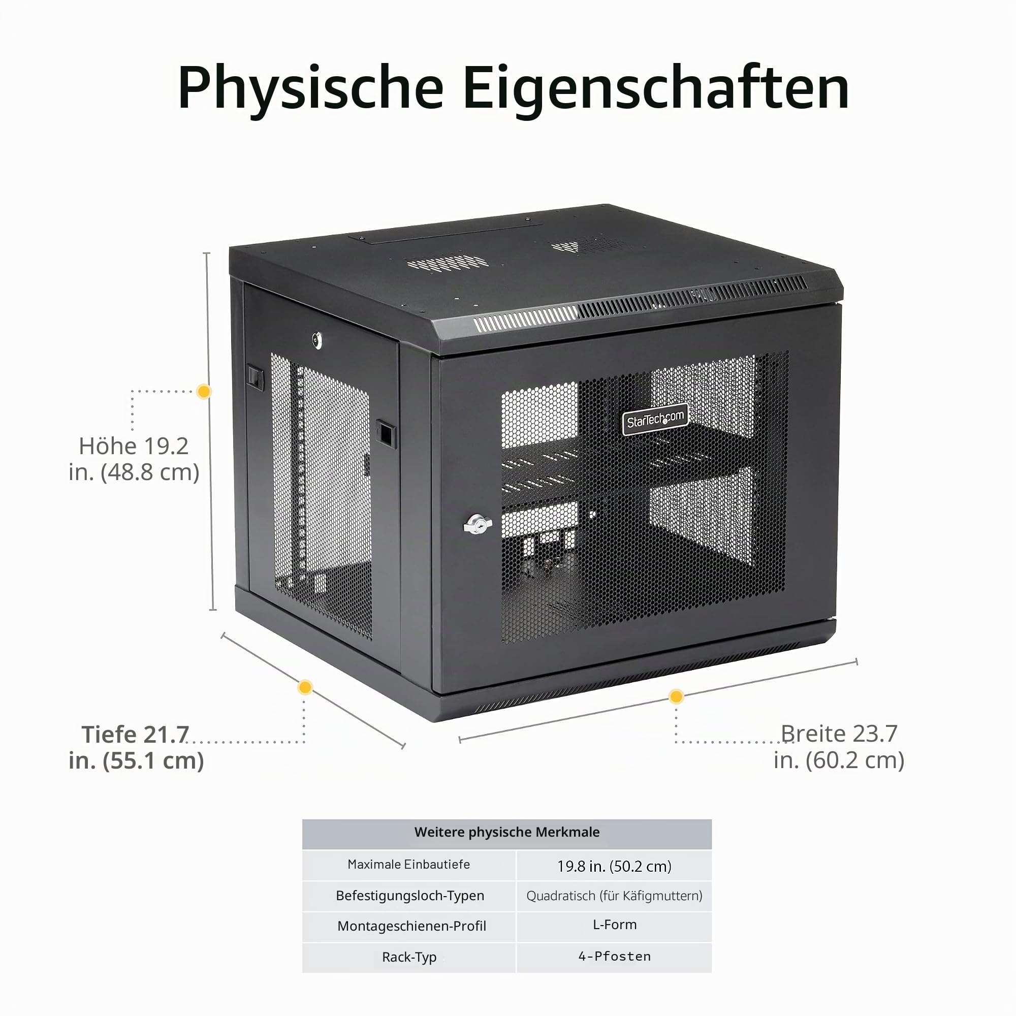 StarTech RK920WALM 9HE Wandmontage Server Schrank, 53 cm Schwarz | Server-Rack mit 1HE Fachboden, Für IT- und Datentechnik, Vormontiert geliefert, Einstellbare Tiefe