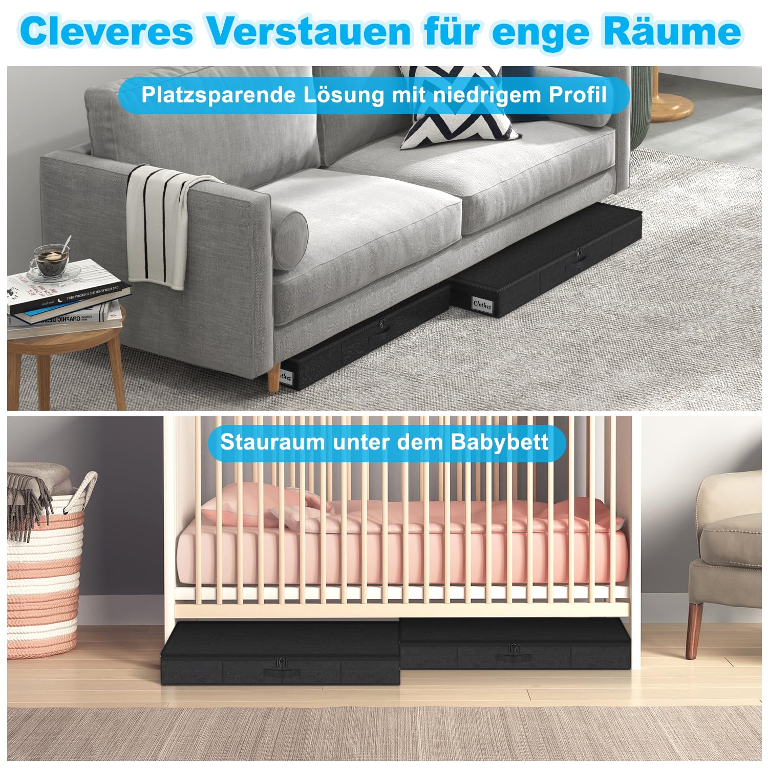 Contenitore sotto il letto, con coperchio, altezza 12 cm, 4 pezzi, pieghevole, lavabile, con 3 maniglie, coperchio con cerniera, per vestiti, coperte