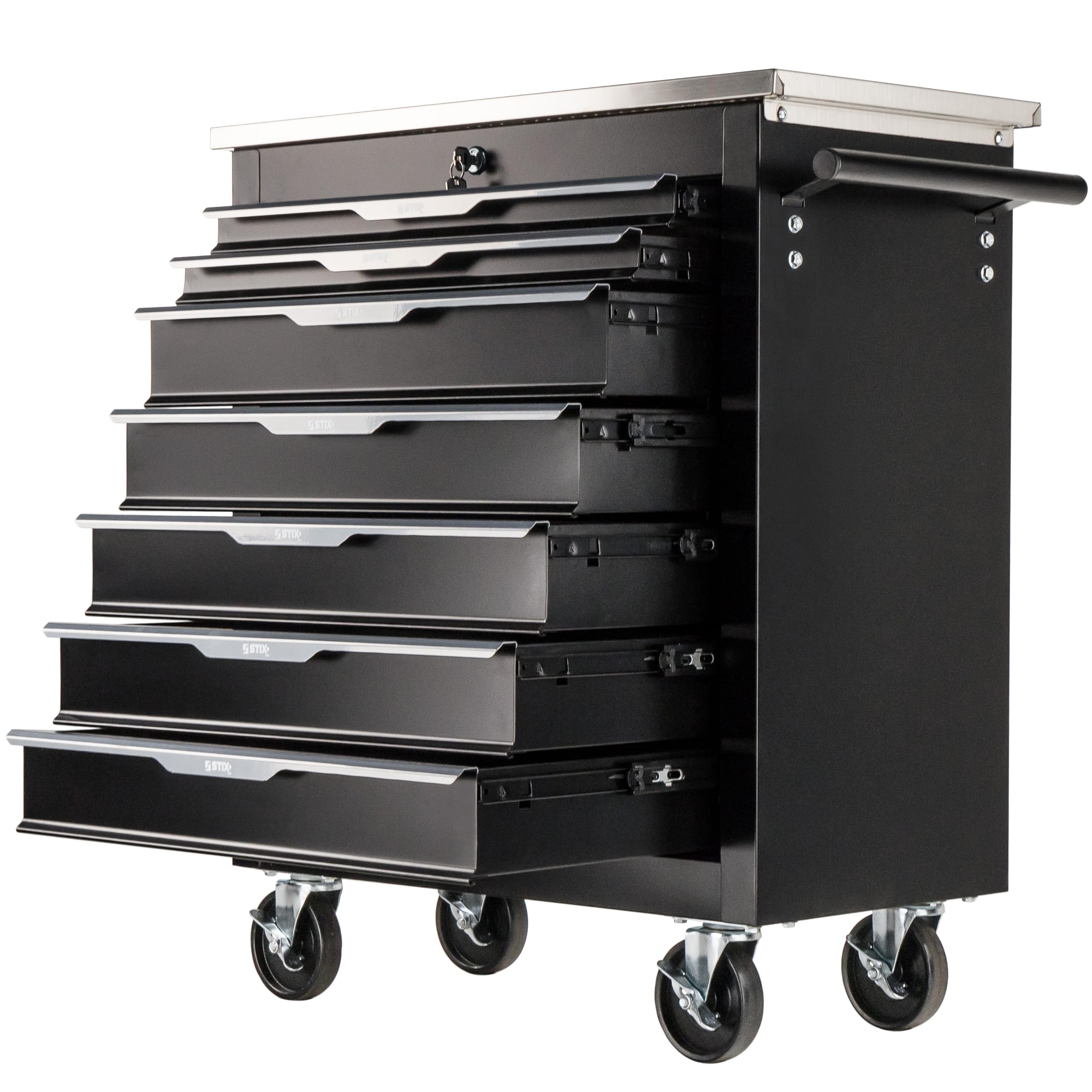 GarageGo Carrello portautensili P7 con 7 cassetti, piano in acciaio inox, chiusura centralizzata, ruote, serrabile, sottile