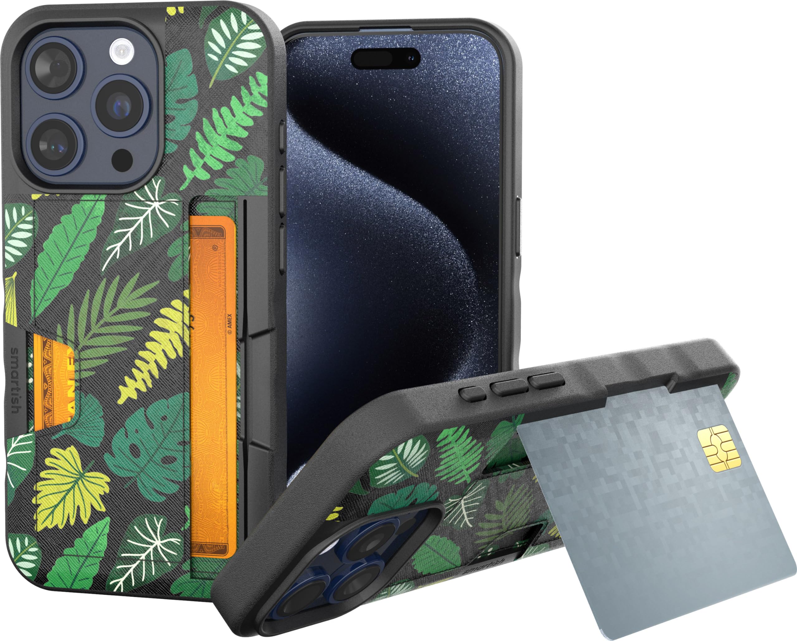 Smartish iPhone 15 Pro Wallet Case - Wallet Slayer Vol. 2 [Slim + Protective] Credit Card Holder with Kickstand - Drop Tested Hidden Card Slot Cover Compatible with Apple iPhone 15 Pro - Leaf Me Alone