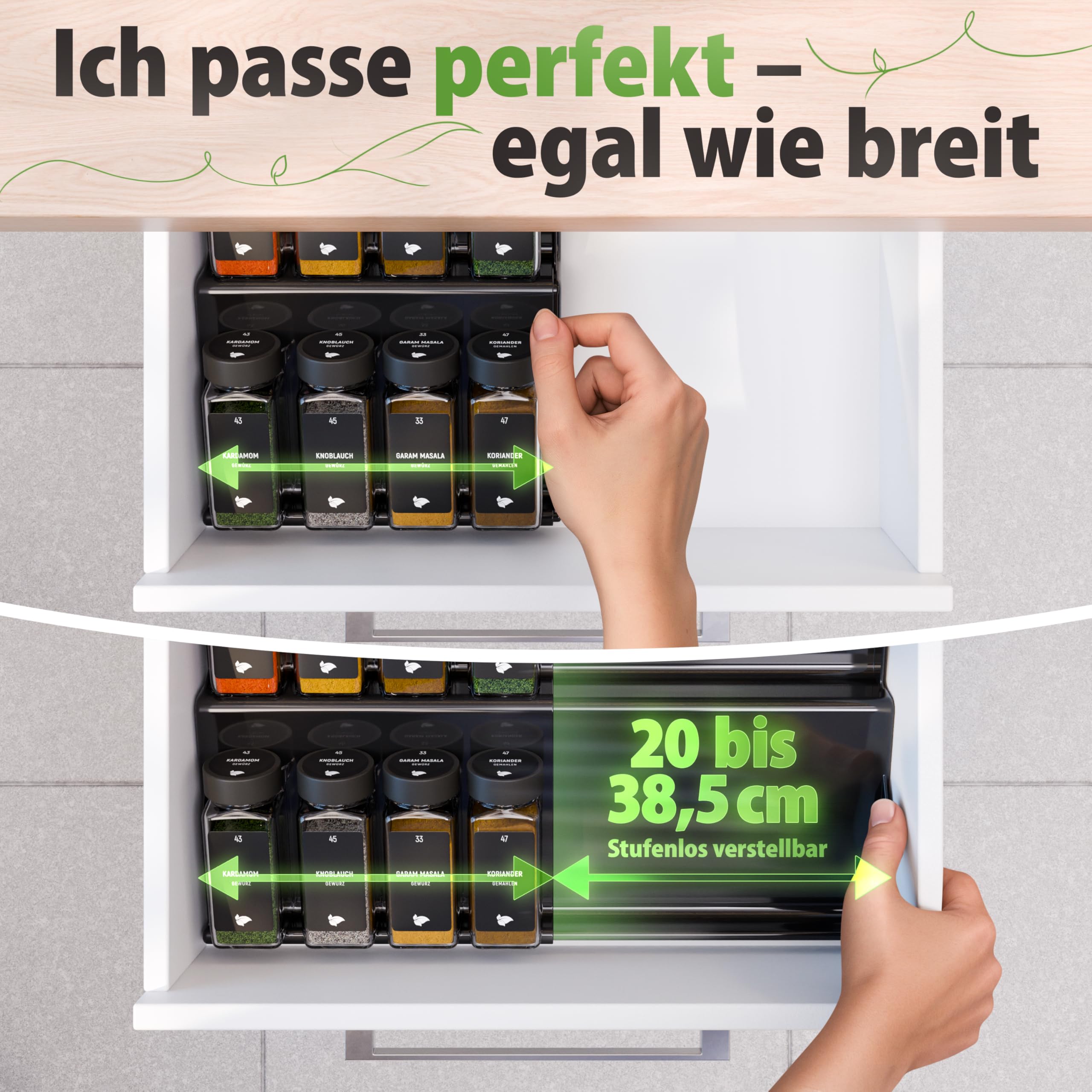 LAEVU Gewürzregal Schublade mit Gläsern | Gewürz Organizer Schublade inkl. 24 Gewürzgläsern Eckig mit schwarzem Deckel | Etiketten für Gewürze & mehr | Ausziehbarer Gewürzeinsatz für deine Schublade