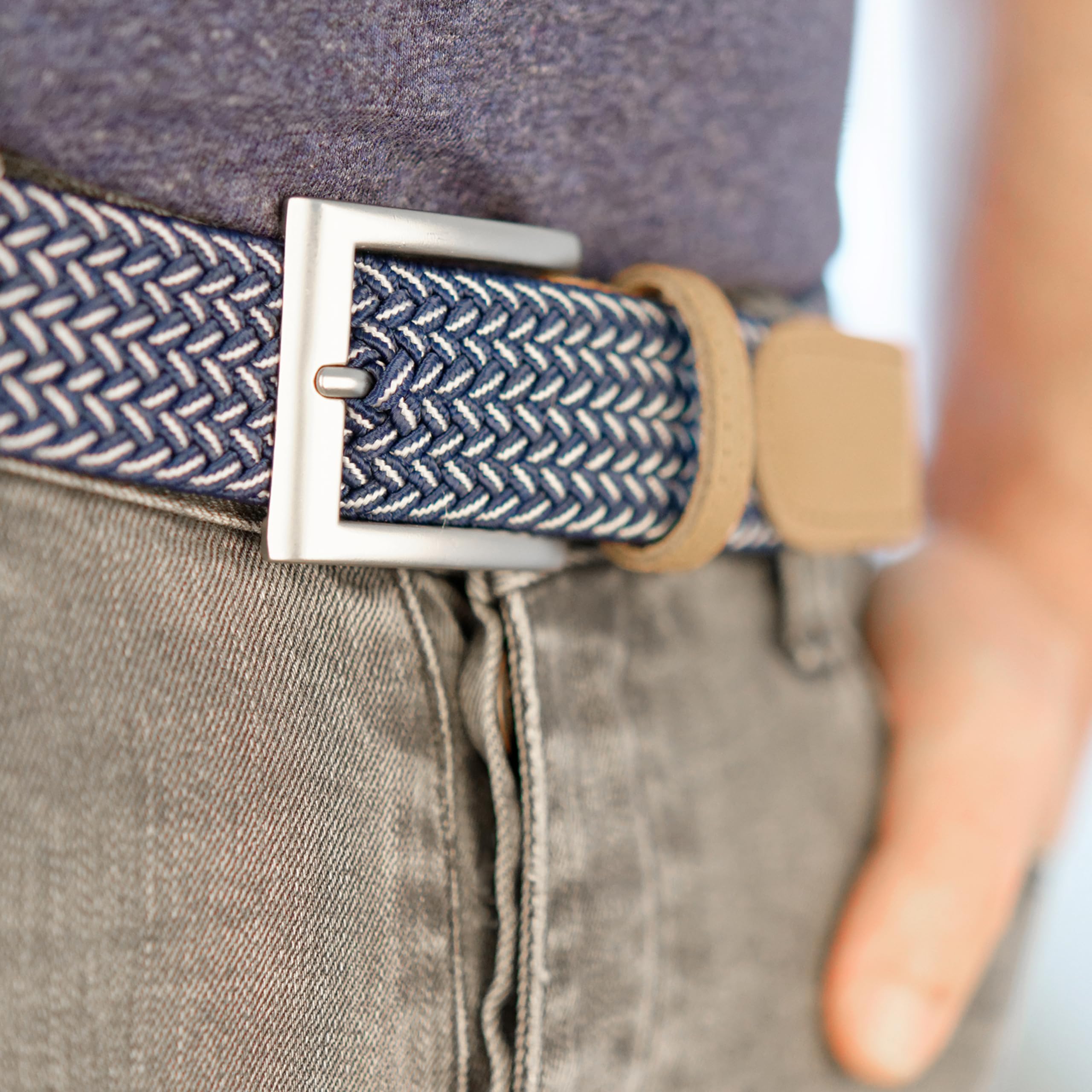 PIERROT Ceinture Tressée Élastique Made in France - Ceinture Elastique pour Hommes Étirable avec Tissu Souple 105cm à 120cm - Fabrication Artisanale Boucle en Acier & Finitions en Cuir