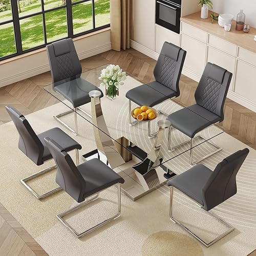 Miniatura 15 de Juego de mesa de comedor de cristal para 6, juego de mesa de cocina moderno para 6, mesa de vidrio templado de 71 pulgadas con base dorada