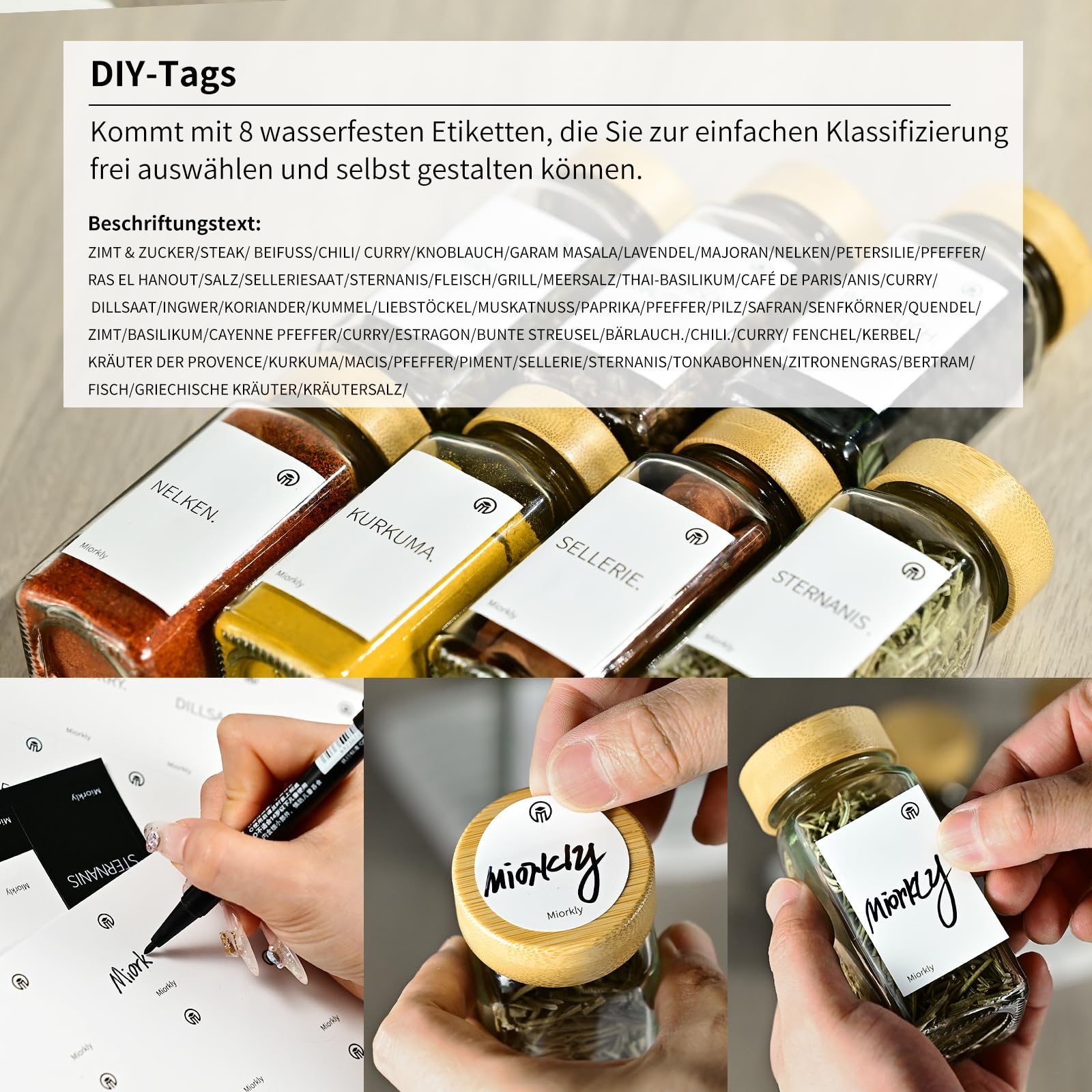 Miorkly Gewürzgläser Eckig mit Streueinsatz - 12er Set 120ml Gewürzdosen Hochwertigem Holzdeckel aus Bambus Gewürzgläser - Gewürzstreuer Glas mit Streuer-Aufsätze,Trichter,Etiketten- Spice Jars