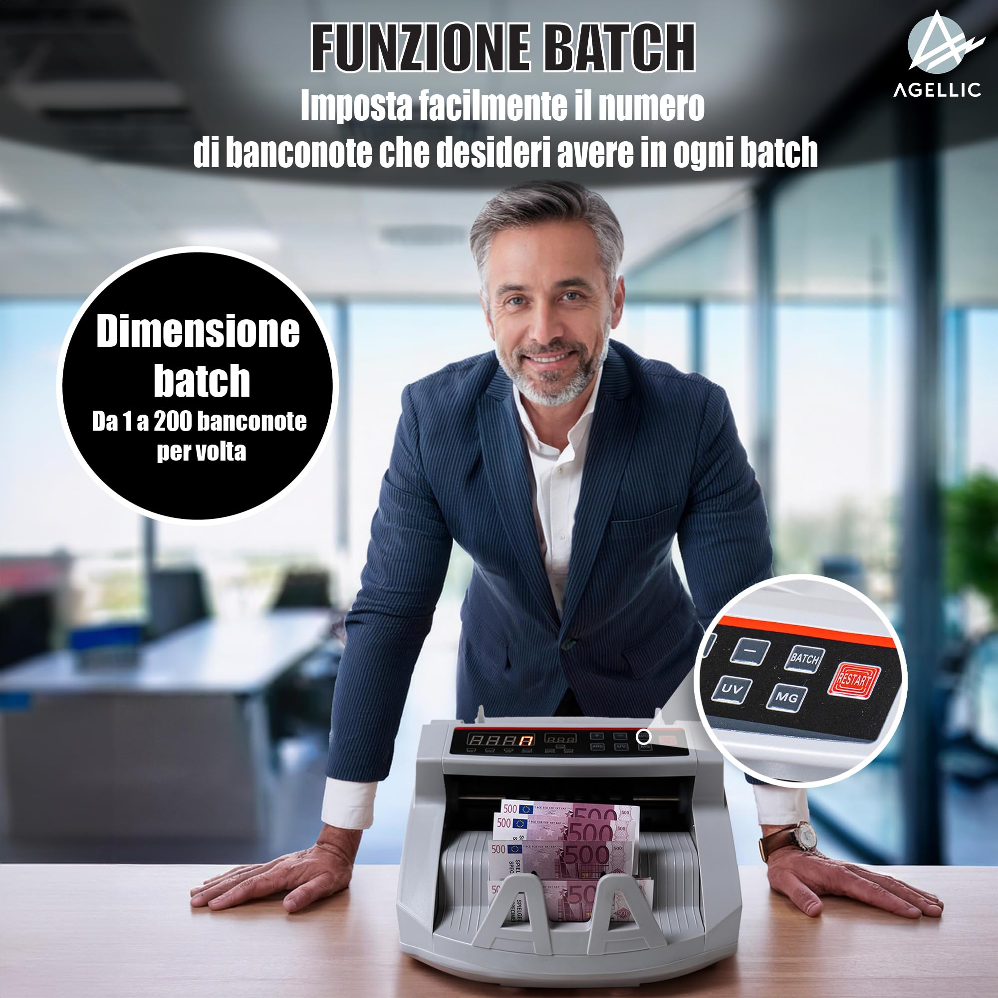 Conta Banconote | Macchina Conta Soldi Professionale | Rilevatore Banconote False 3-Fold | 1000 Banconote/min | Verifica Banconote e Controllo Soldi Falsi | Incl. Pennarello Banconote