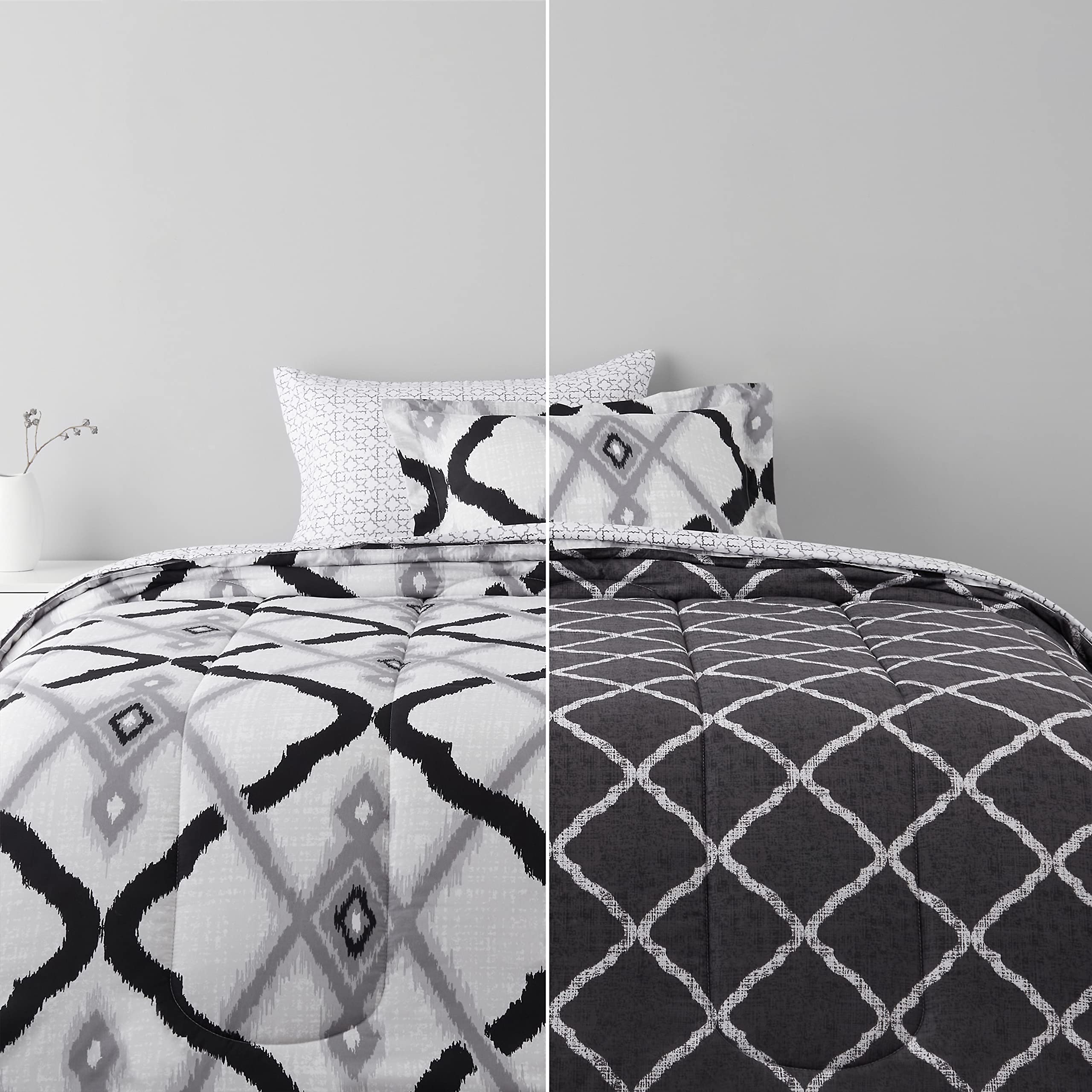 Photo 1 of Amazon Basics 5-Piece Ultra-Soft Light-Weight Reversible Microfiber Comforter Bed-In-A-Bag - Twin/Twin XL, Black Mosaic Twin/Twin XL Bed In A Bag Black Mosaic