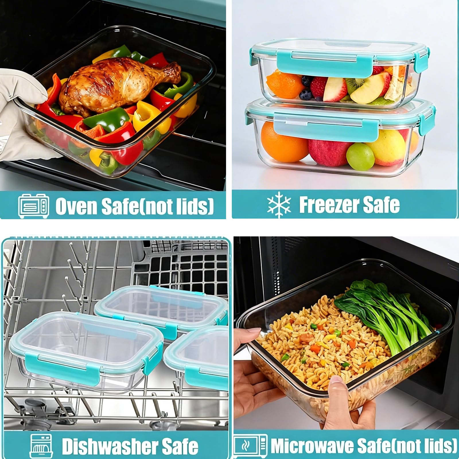 Confezione da 15 contenitori per alimenti in vetro con coperchi, contenitori ermetici per la preparazione dei pasti, scatole bento ermetiche con coperchio a prova di perdite, per microonde