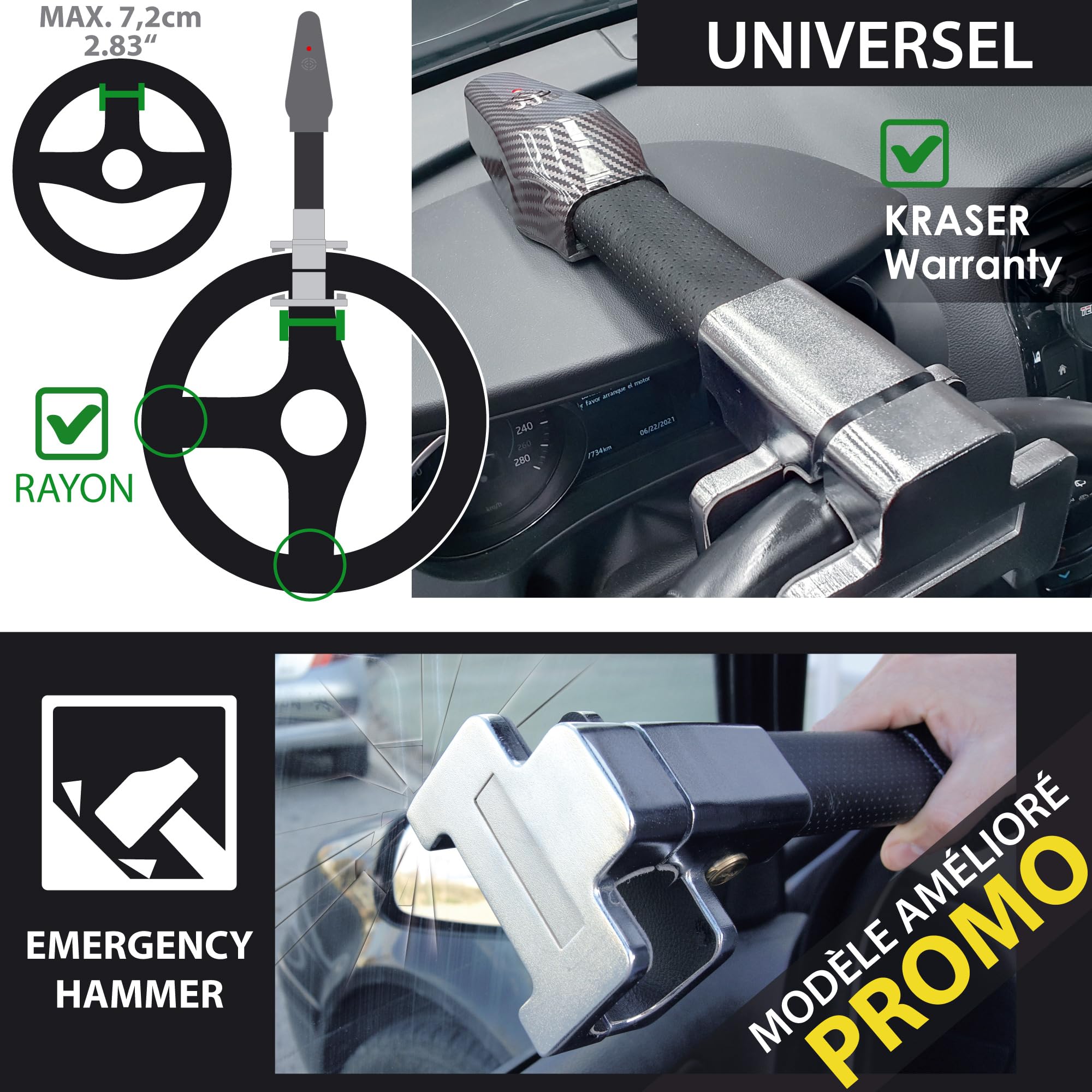 KRASER KR830 Antivol Voiture Avec Alarme 120dB, Canne Antivol Voiture Haute Sécurité, Robust Bloque Volant sur Rayon Plus Dissuasif, Facile à Utiliser, Bloc Barre Anti Vol Universel Auto Camping-Car