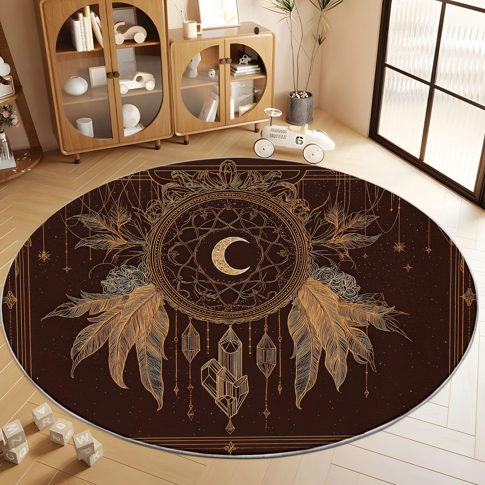Tapis Salon Rond 150 cm Tapis Rond Cristal Lune Et Attrape-Rêves Dessinés À La Main, Moquette Ronds Lavable Noir - pour Chambre et Salle à Manger Doux Antidérapant Anti-peluche Runner de Couloir