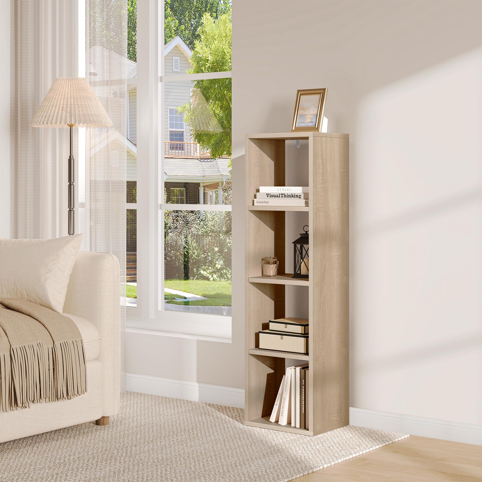 WOLTU Librería con 4 Niveles, Estantería de Cubos para Libros y Adornos, Estantería de Almacenamiento, Estantería Abierta Moderna para Salón, Estudio y Oficina, 30x23,5x106,5 cm, Roble Claro
