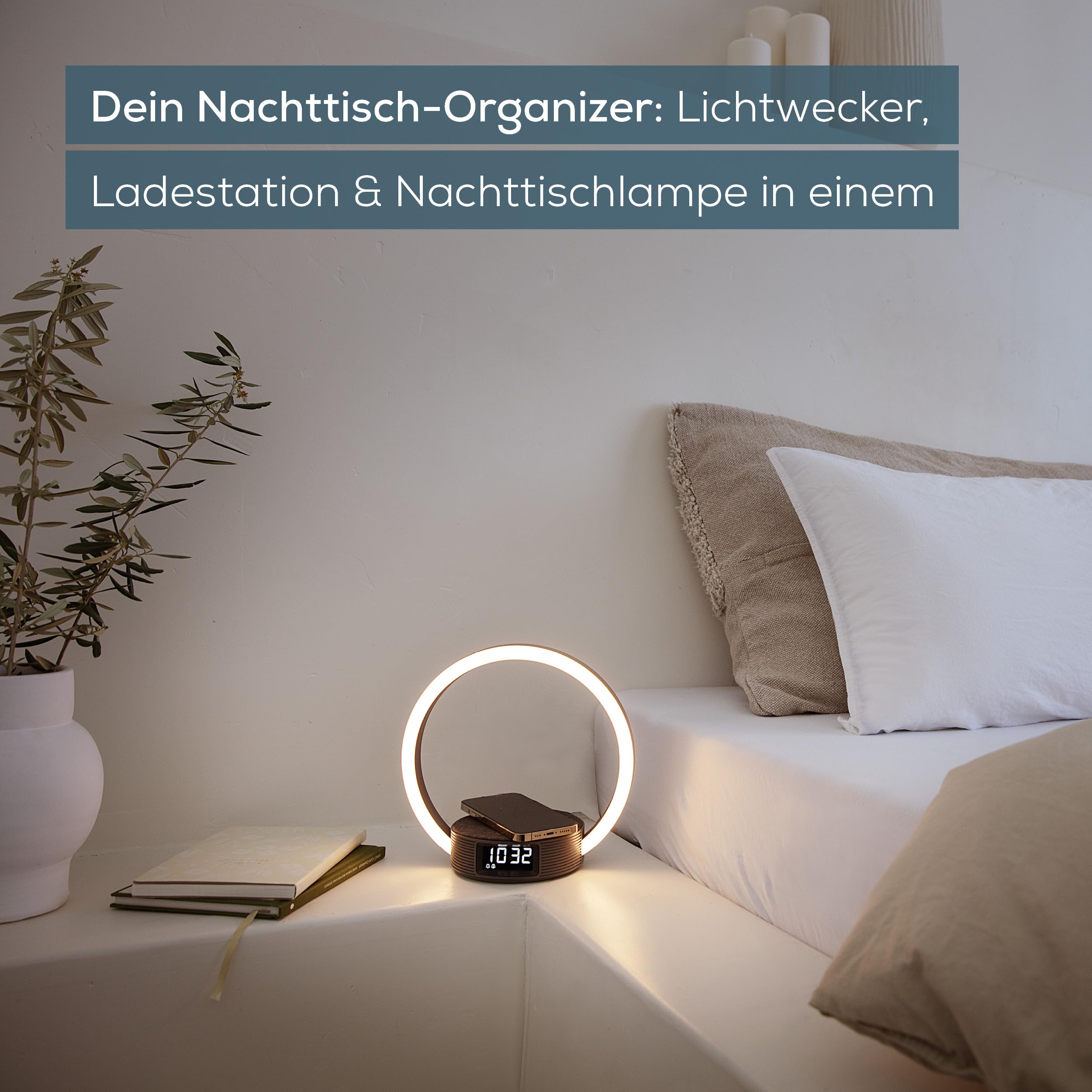 Beurer WL 65 Wake Up + Charge Lichtwecker, Nachttischlampe mit Ladefunktion für Smartphones, Wecker mit Simulation des Sonnenaufgangs für sanftes Aufwachen, dimmbares Nachtlicht mit Farbwechseloption