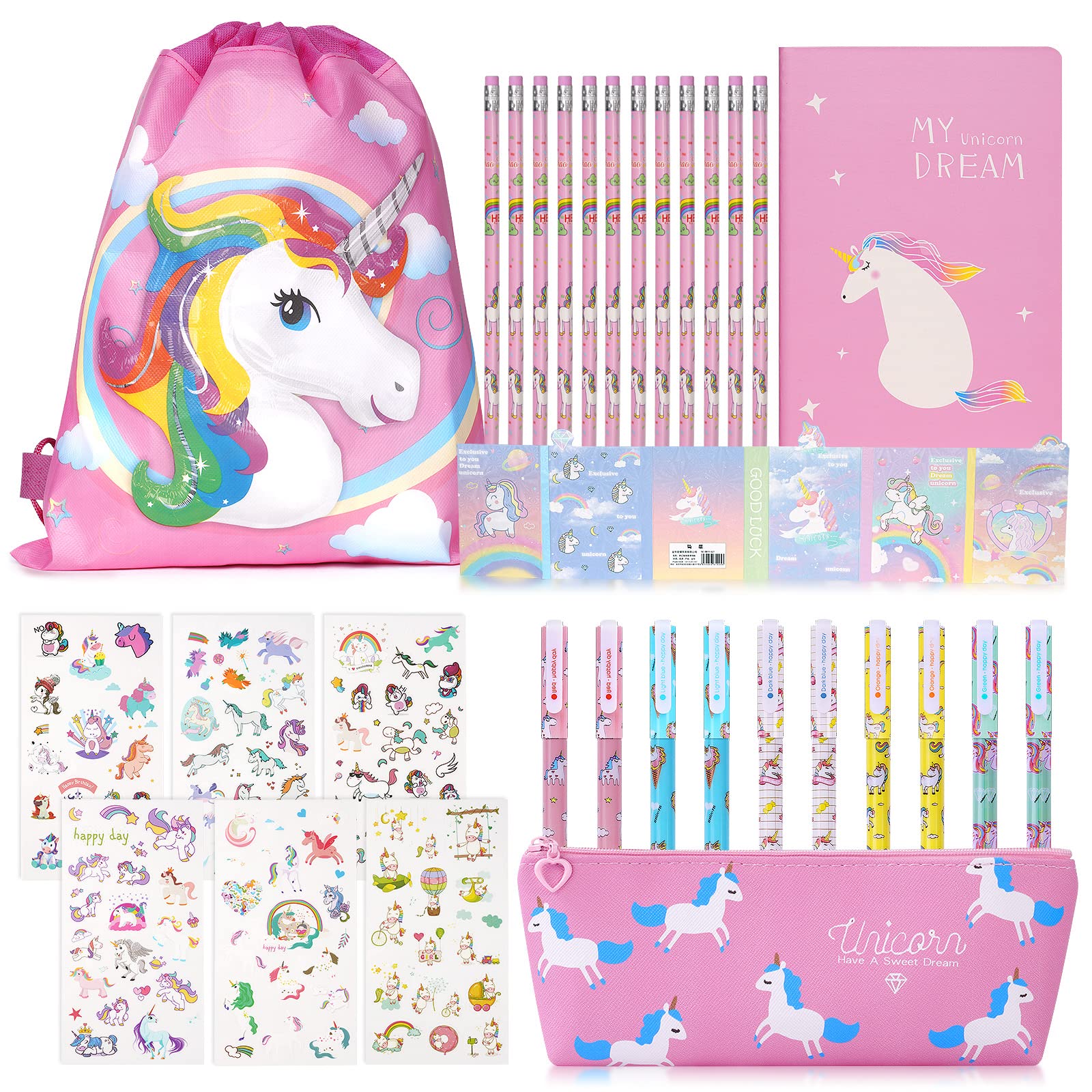OFFCUP Unicornio Papeleria Estuche Escolar, Unicornio Papeleria Regalo para Niña, Unicornio Papeleria Regalo de Cumpleaños, con Estuche Escolar, Cuadernos, Adhesivas, Lápiz, Pluma de Gel