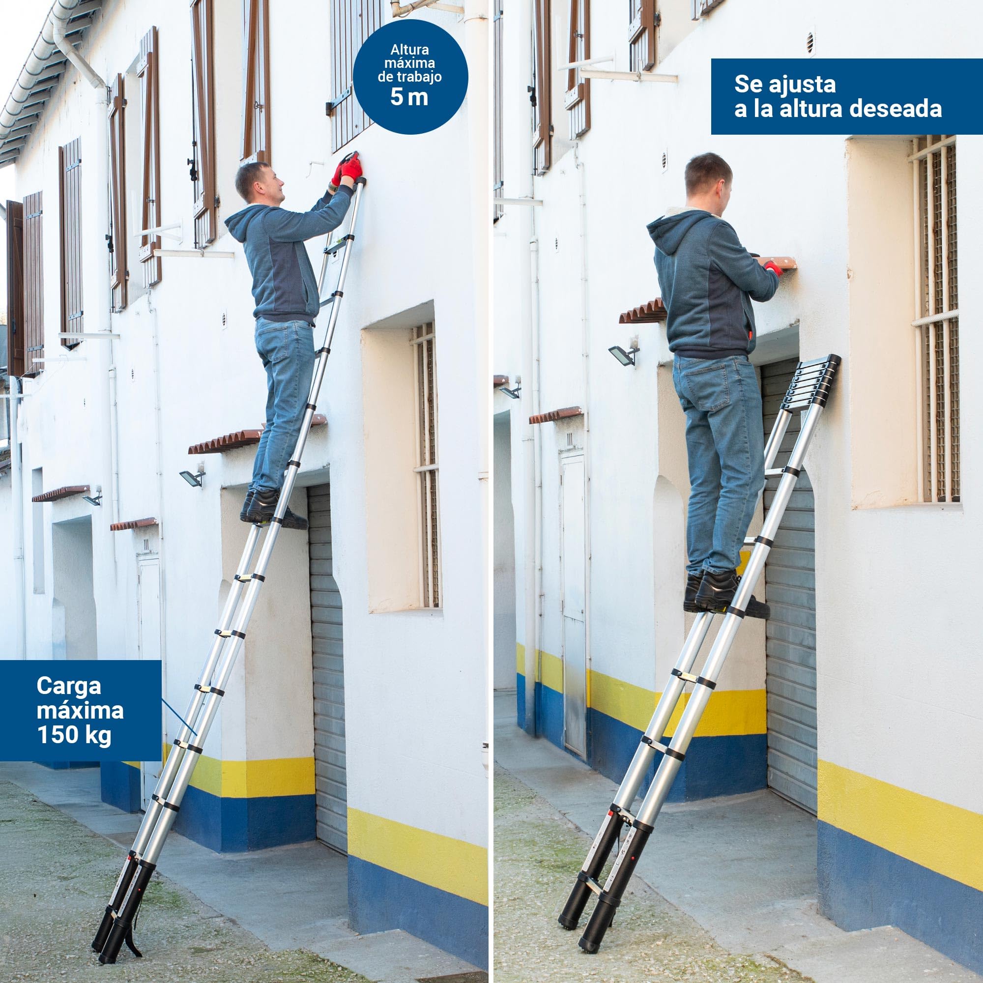 HOSTRÖM Escalera telescópica de 4,1 m TELESCOO14, Aluminio, Plegable, Extensible, Altura máxima de Trabajo 5 m, Norma EN131, garantía de 5 años.