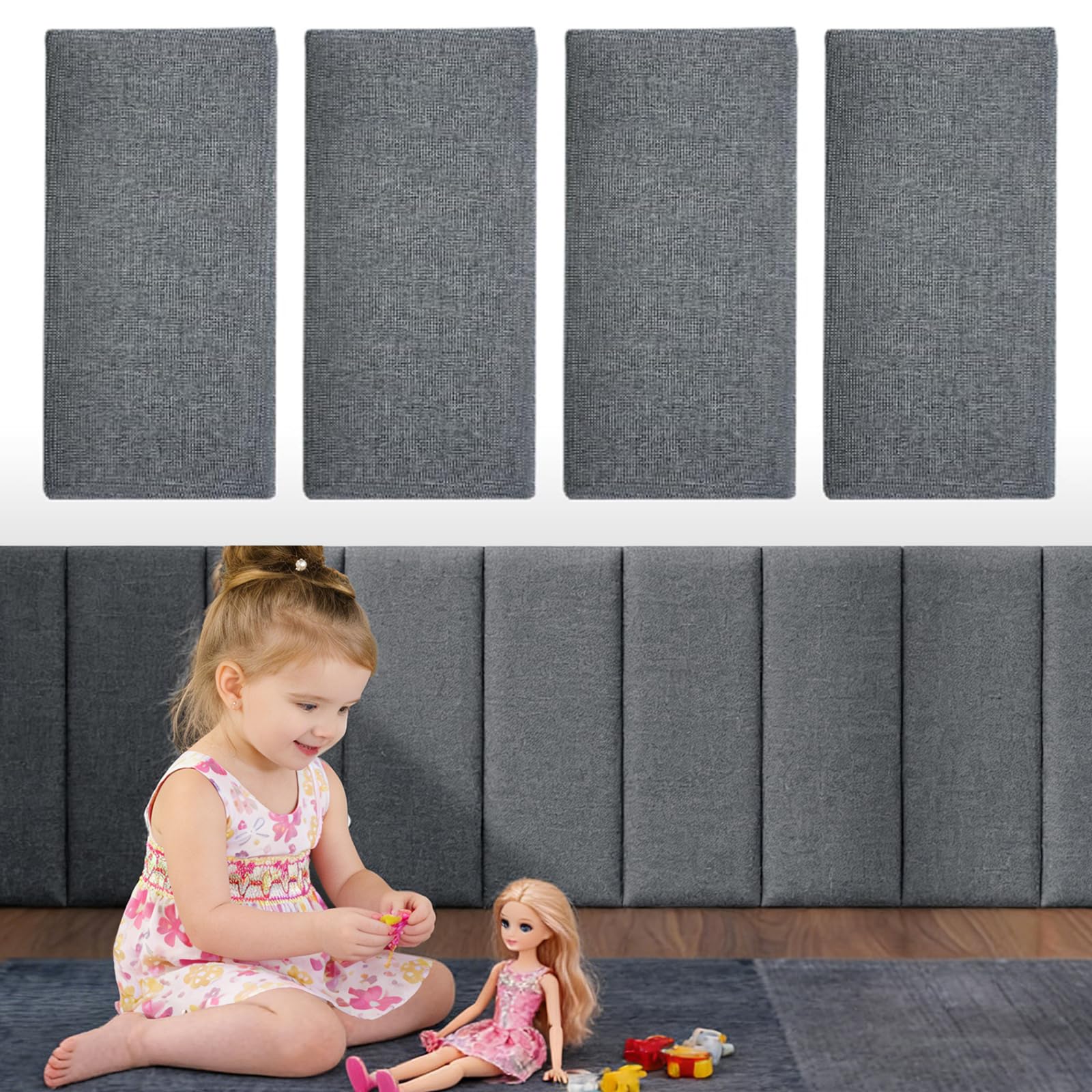 MeYuxg 4 pezzi Pannello Da Parete 3D,40x20cm Pannello Imbottito in Cotone-Lino Autoadesivo,Anti Rivestimento Murale,per cameretta dei bambini, per testiera e letto (Grigio Chiaro)