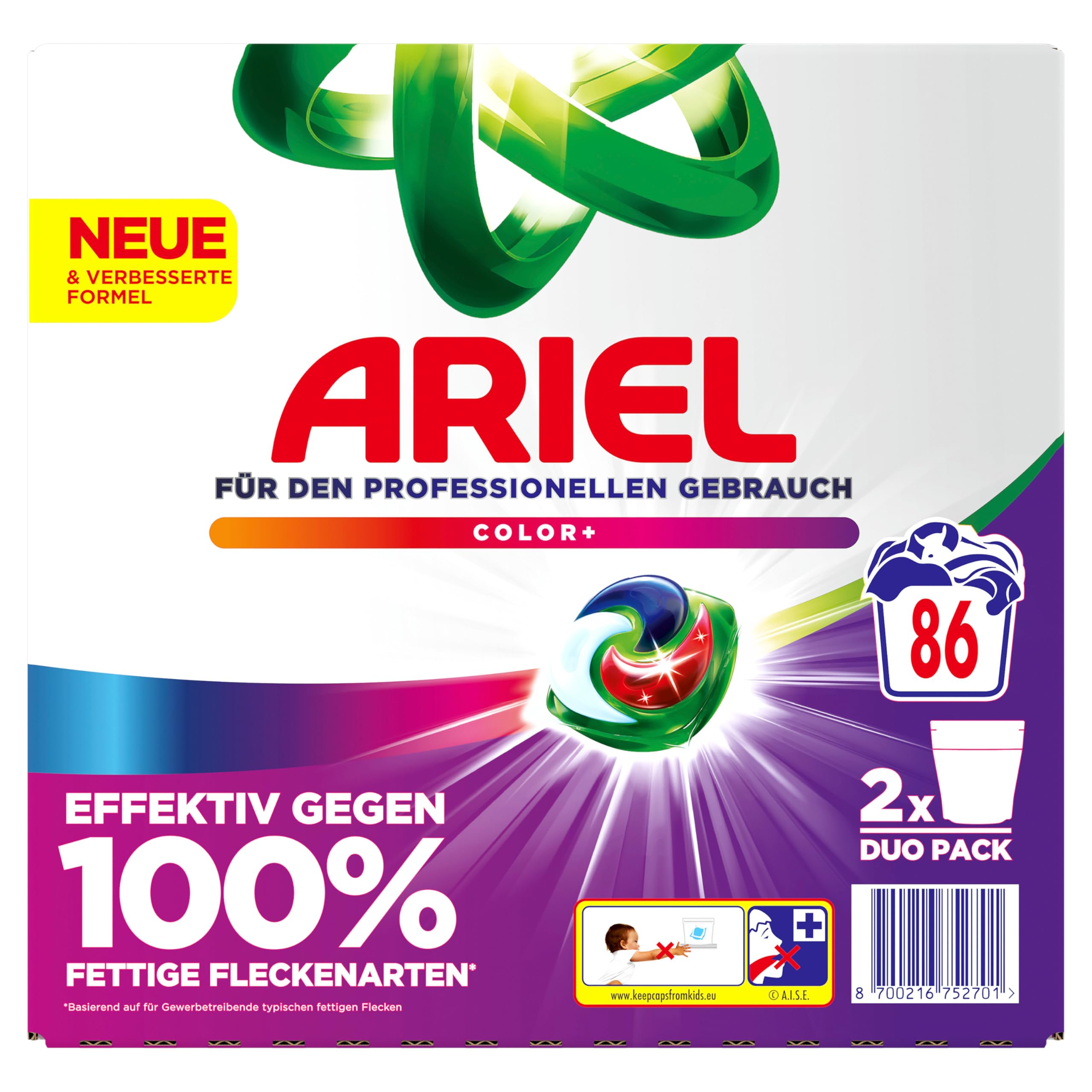 Ariel Professional All-in-1-Pods Waschkapseln Color+, bekämpft alle Arten von Fettflecken, für den professionellen Gebrauch