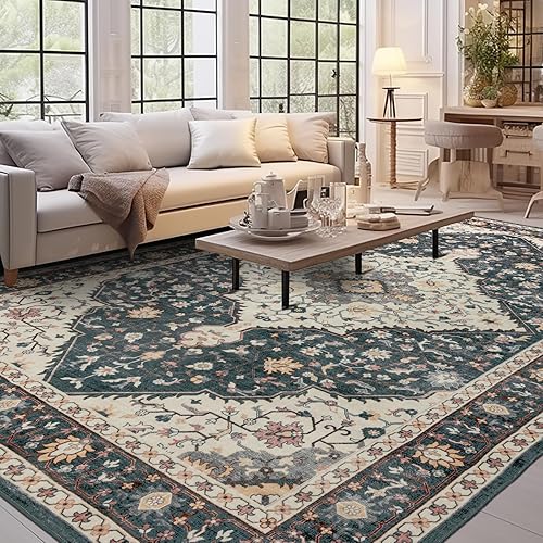 Alfombra para interior, lavable a máquina, antideslizante, de pelo bajo, floral, azul negromulticolor, 5 pies 7 pies