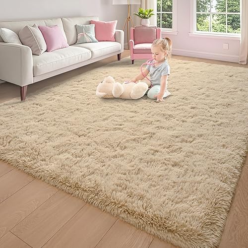 Miniatura 6 de Keeko Alfombra de área esponjosa de color beige de 5.3 x 7.5 pies, bonita alfombra de pelo largo para dormitorio, alfombras peludas de pelo alto