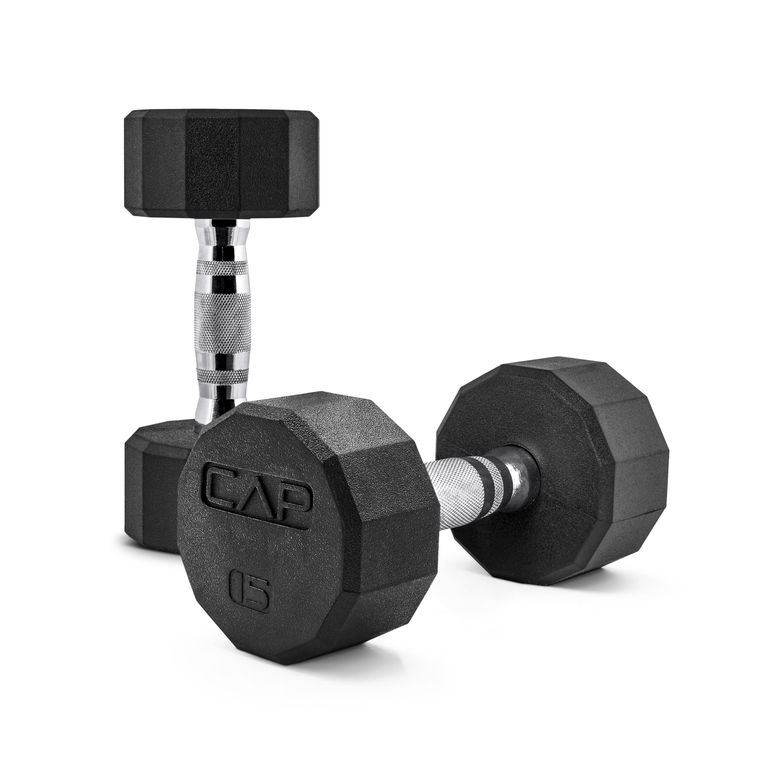 CAP Rubber Coated Dumbbell Weights, Free Weights for Home Gym Strength Training, Anti-Roll Hex Dumbbells with Black, Chrome &amp; Comfort Grip Handles, Pairs &amp; Sets