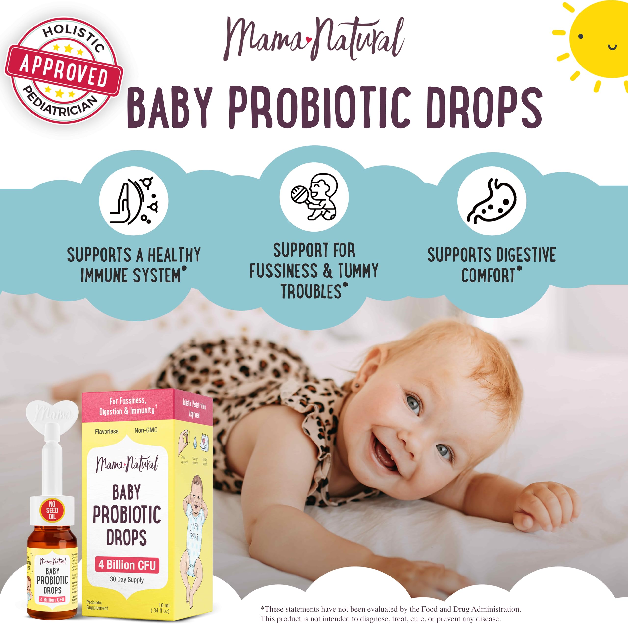 Mama Natural Gouttes probiotiques pour bébé (0,28 Fl Oz) | 4 milliards de CFU pédiatres testés nourrissons probiotique probiotique aide à soulager la colite chez les nouveau-nés et soulager la