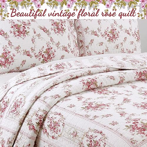 Miniatura 7 de Cozy Line Home Fashions Juego de ropa de cama de 3 piezas con estampado floral rosa vintage colcha reversible de 100  algodón rosa Queen 3 piezas
