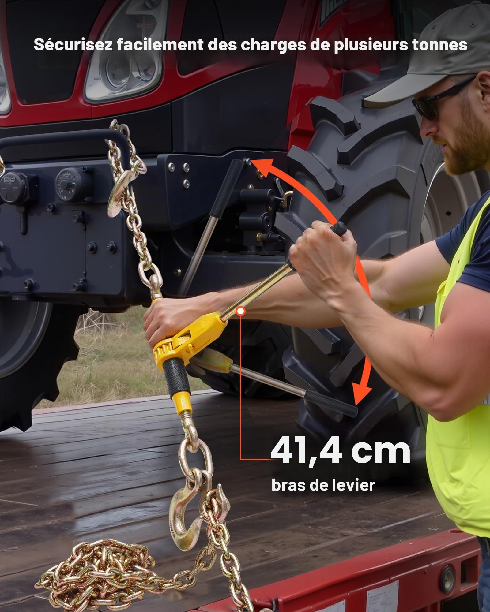 VEVOR Tendeur à Cliquet avec Chaîne d'Arrimage G80 10 mm x 62 cm, Lot de 2, Charge 4173 kg, Attaches de Chaîne Transport Compatible Chaînes 10-12,7 mm pour Sécuriser Charges, Remorque Camion à Plateau
