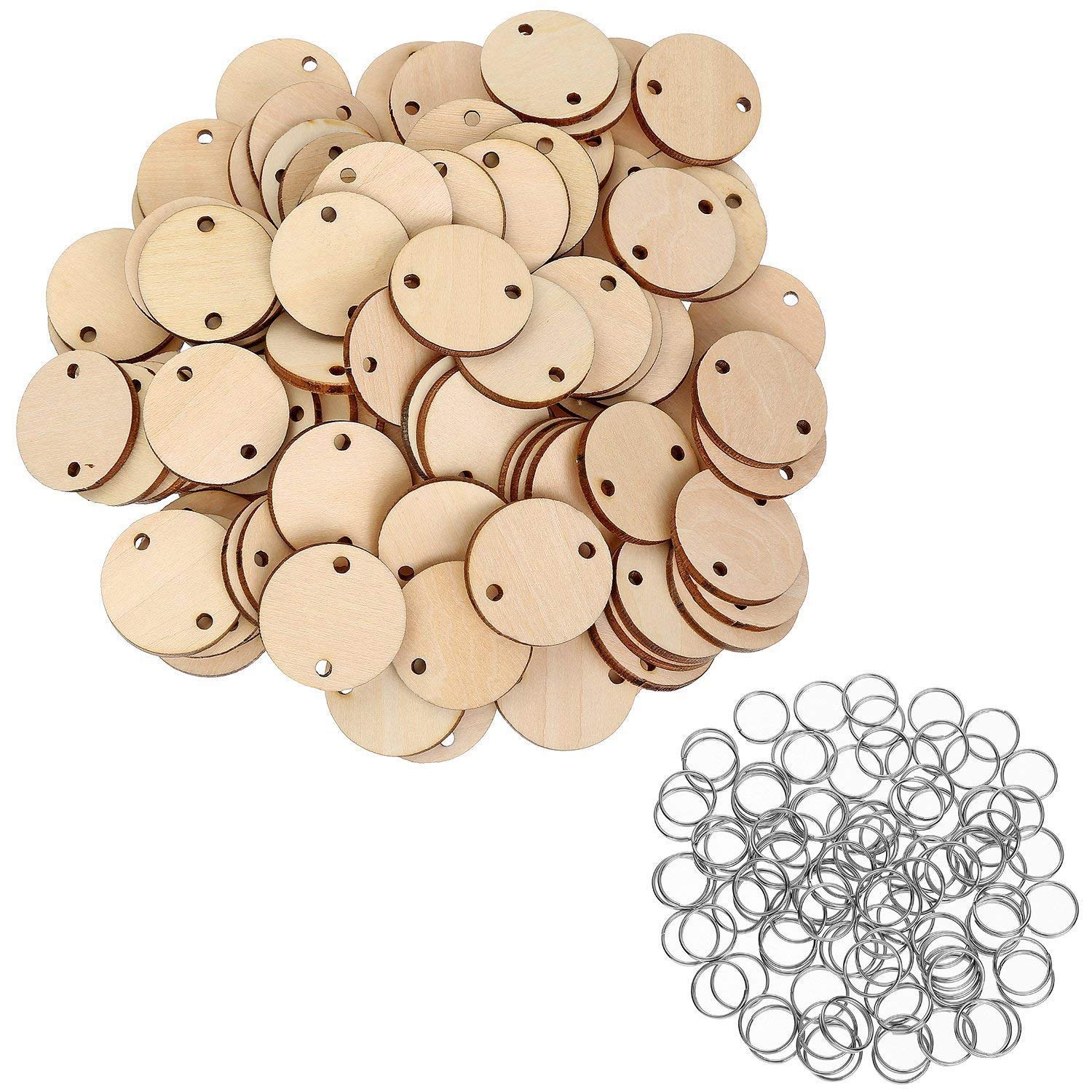 Gaoominy 100 Pieces Round Wooden Discs with Holes Birthday Board Tags and 100 Pieces 15 mm Rings for Arts and Crafts (3CM)
