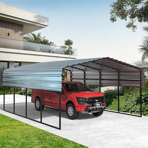 EROMMY 12x20 FT Metal Carport, 12' x 20' x 8.6' Heavy Duty Carport Canopy with Galvanized Metal Roof and Frame for Pickup, Boat, Car and Tractors