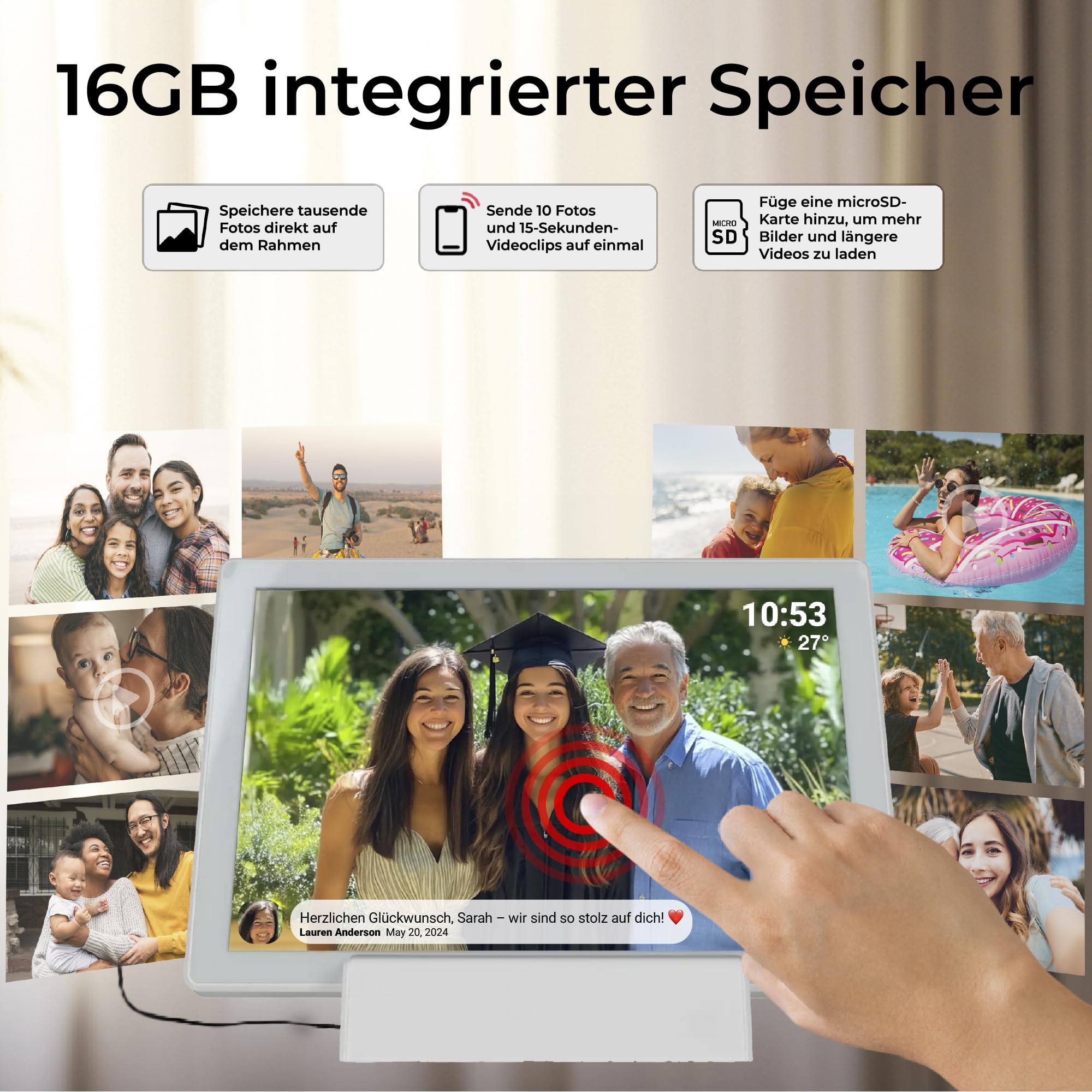 Denver PFF-1070B | 10.1 Zoll Digitaler Wi-Fi Bilderrahmen mit Akku | HD IPS Touchscreen | FRAMEO App & 16GB Speicher | Weiß