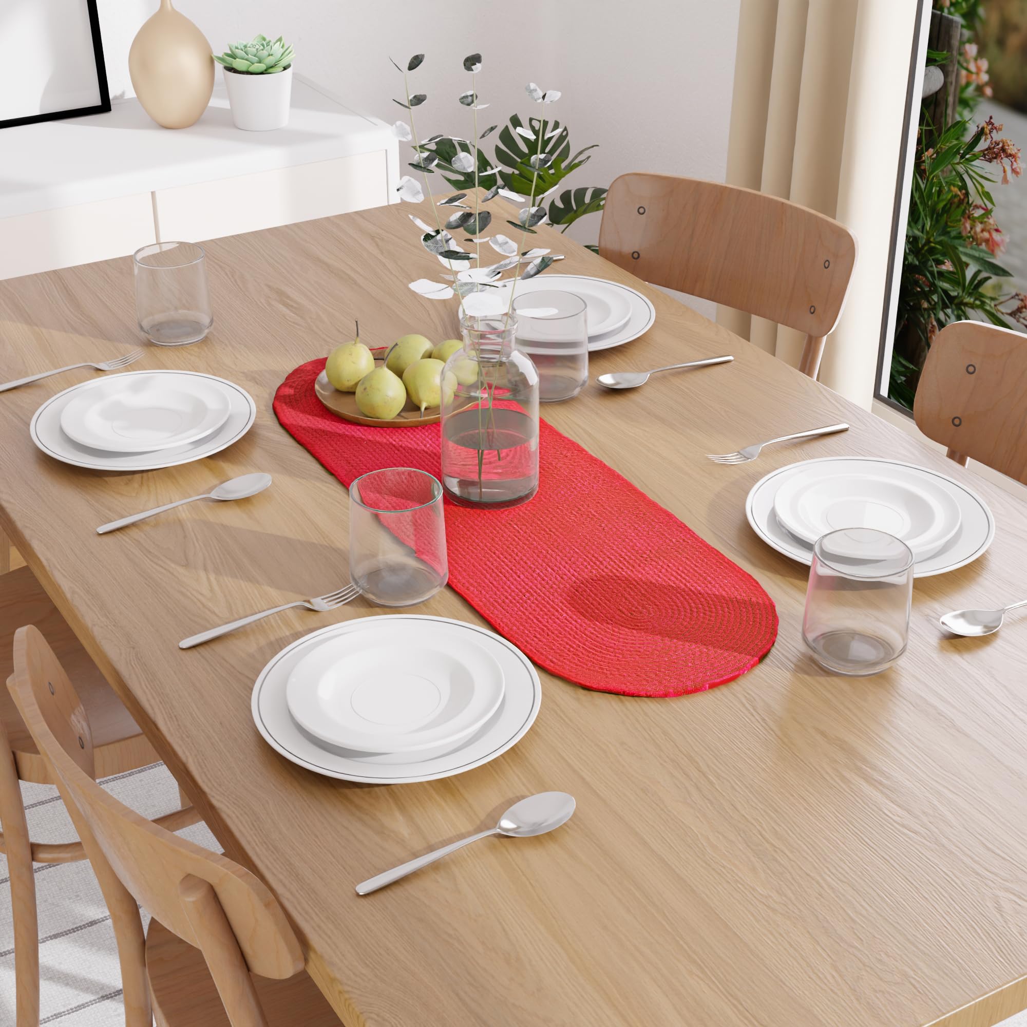 Encasa XO Dining Table Runner | Handmade Ribbed Style Cotton | 30x91 cm | Red | for Coffee & Center Table