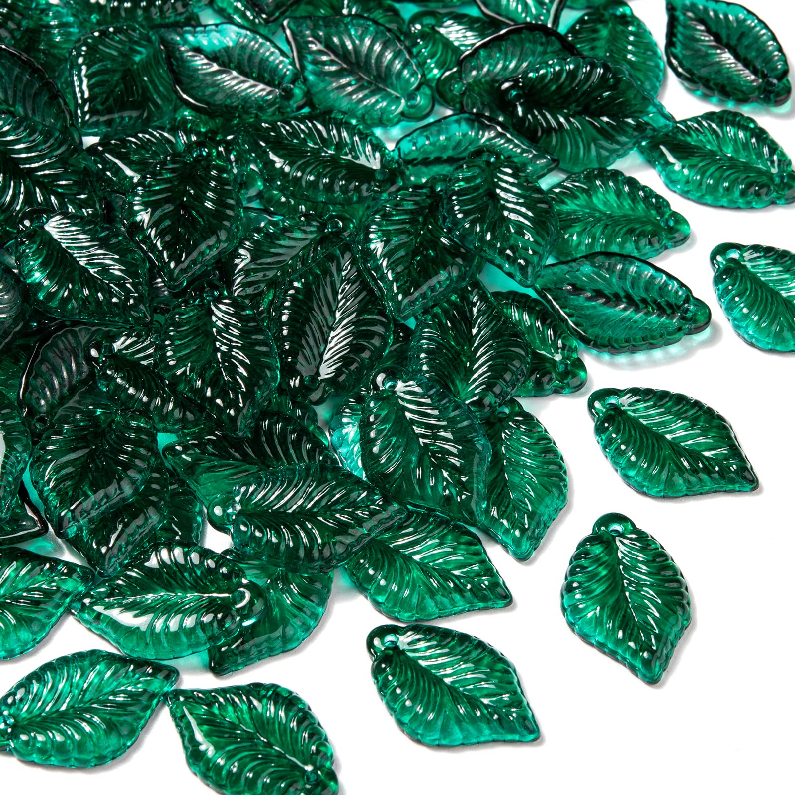 LiQunSweet 100 Pcs Green Leaf Charm Transparent Baking Painted Glass Tiny Pendants with Hole for Earring Bracelet Necklace Jewelry Making DIY Craft - 22.5x14.5mm