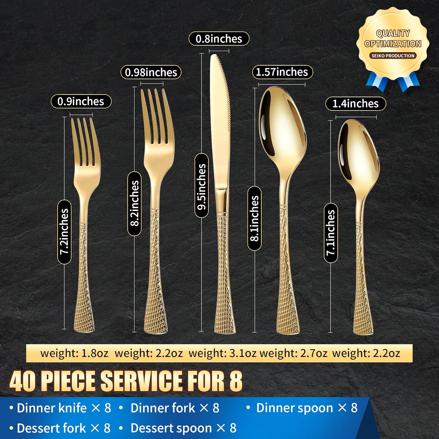 Lemeya Hammered Gold Silverware Set for 8,Stainless Steel 40-Piece Modern Cutlery Set,Mirror Polished Heavy Duty Flatware Set Utensil Set,Knives Spoons and Forks Set,Dishwasher Safe