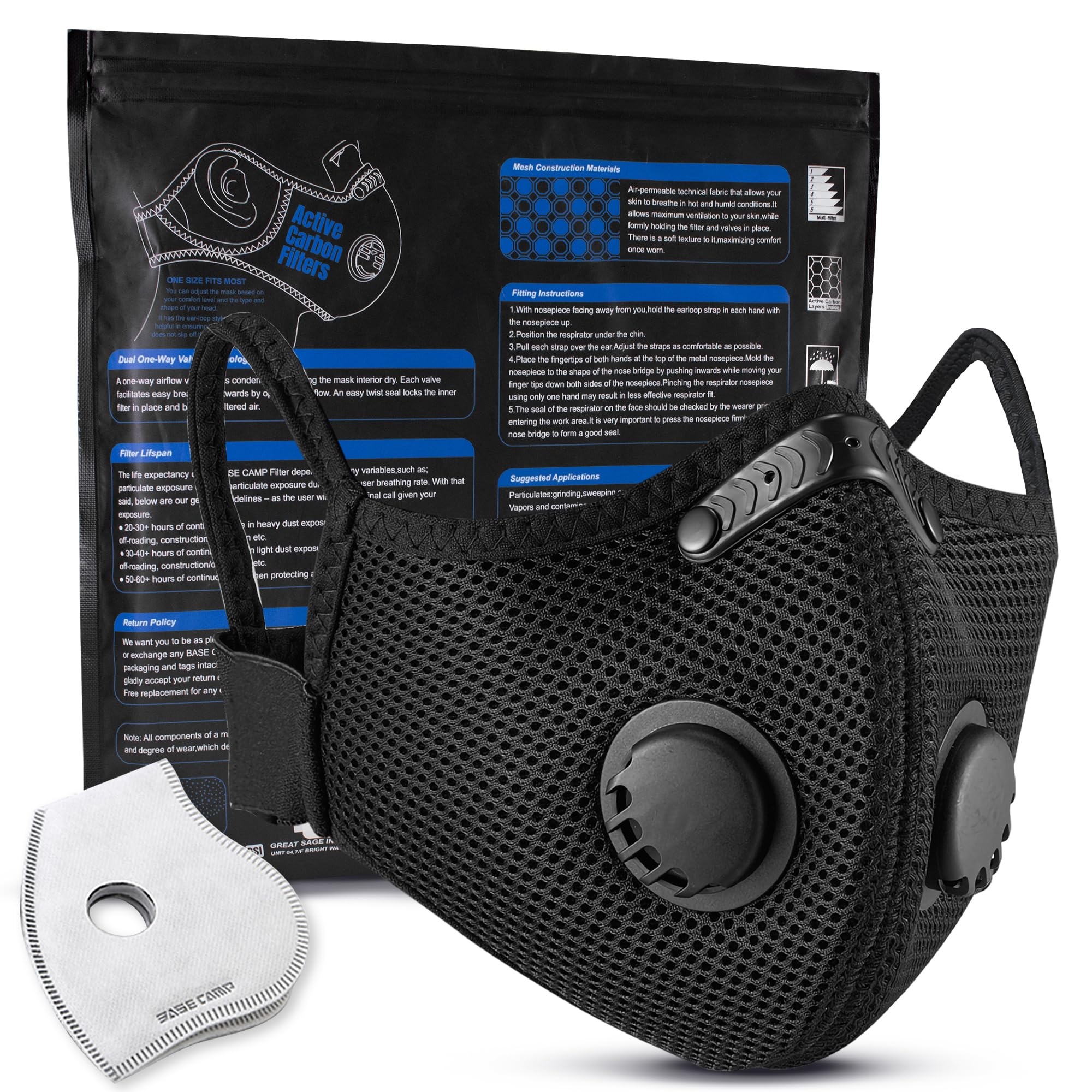 BASE CAMP M Plus Dust Mask with 6 Filters, Stretch Strap, Hook & Loop, Breathable Face Mask for Men