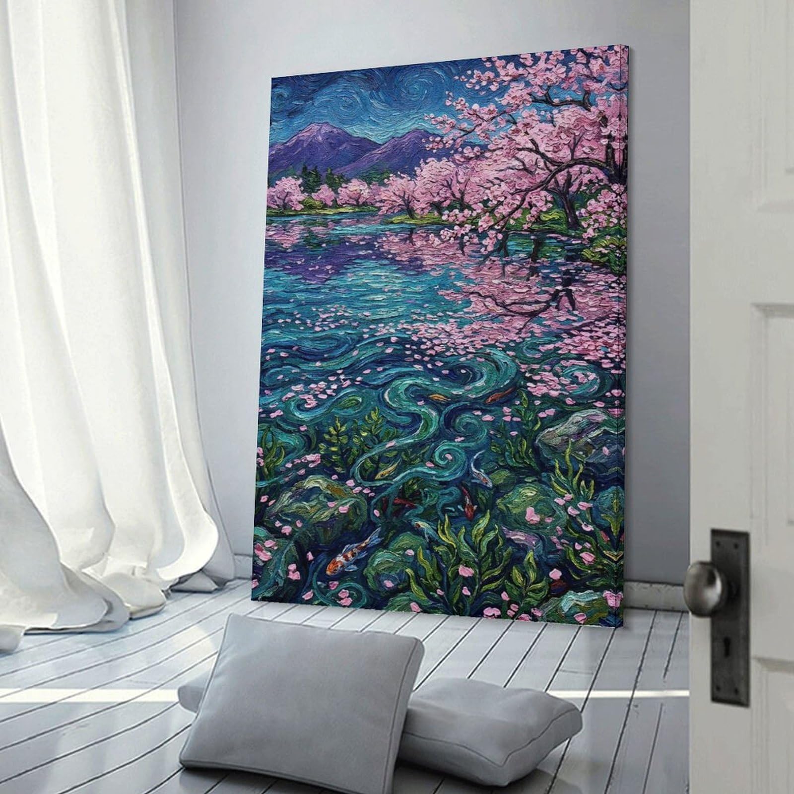 Junmoney Wall Art Print Cherry Blossom Lake with Koi Fish Painting, 20x30inch(50x75cm), for Living Room, Bedroom Or Home Office, Thoughtful Wall Decor for Art Lovers