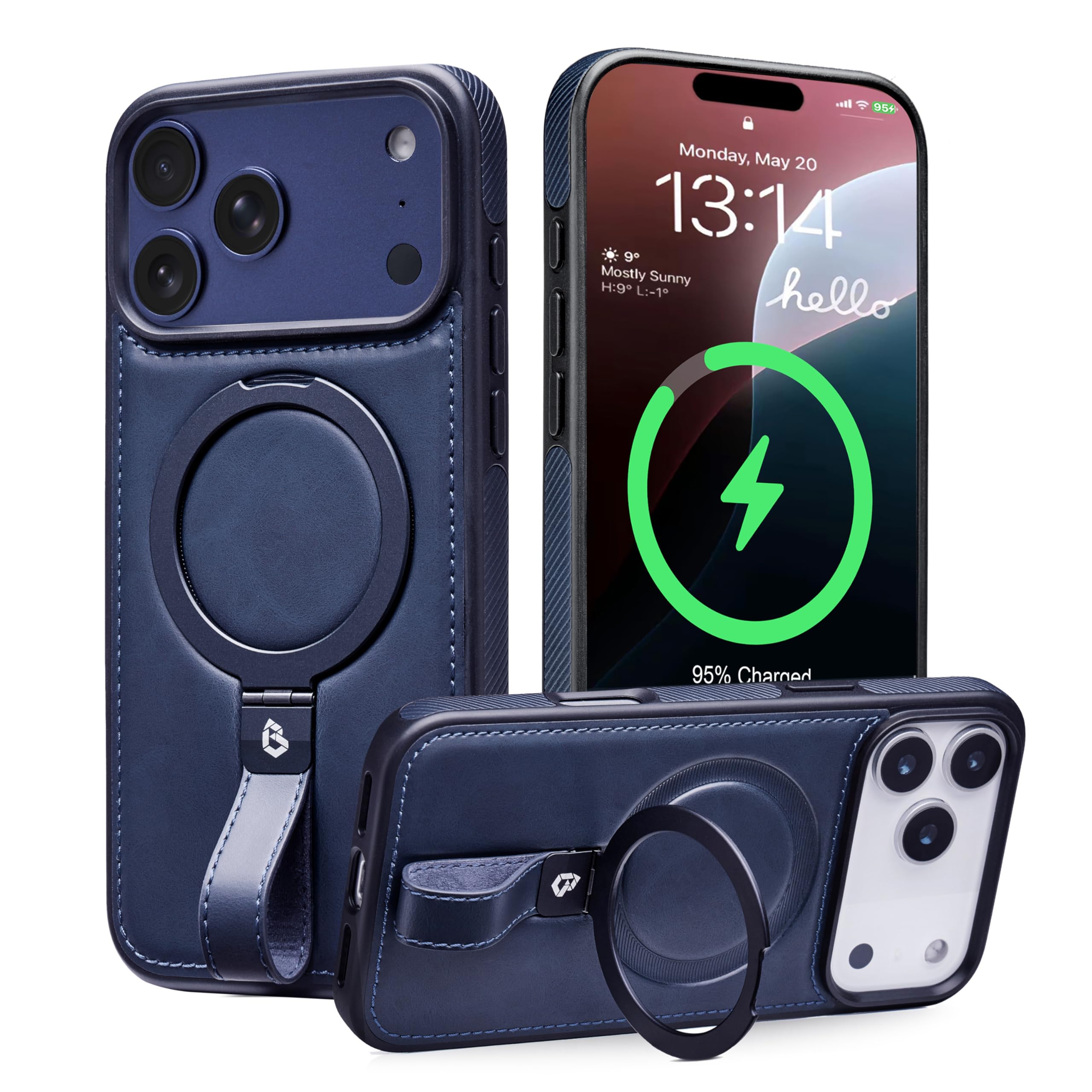 Butaiga for iPhone 17 Pro Max Case Leather Strap with Ring Stand, Blue