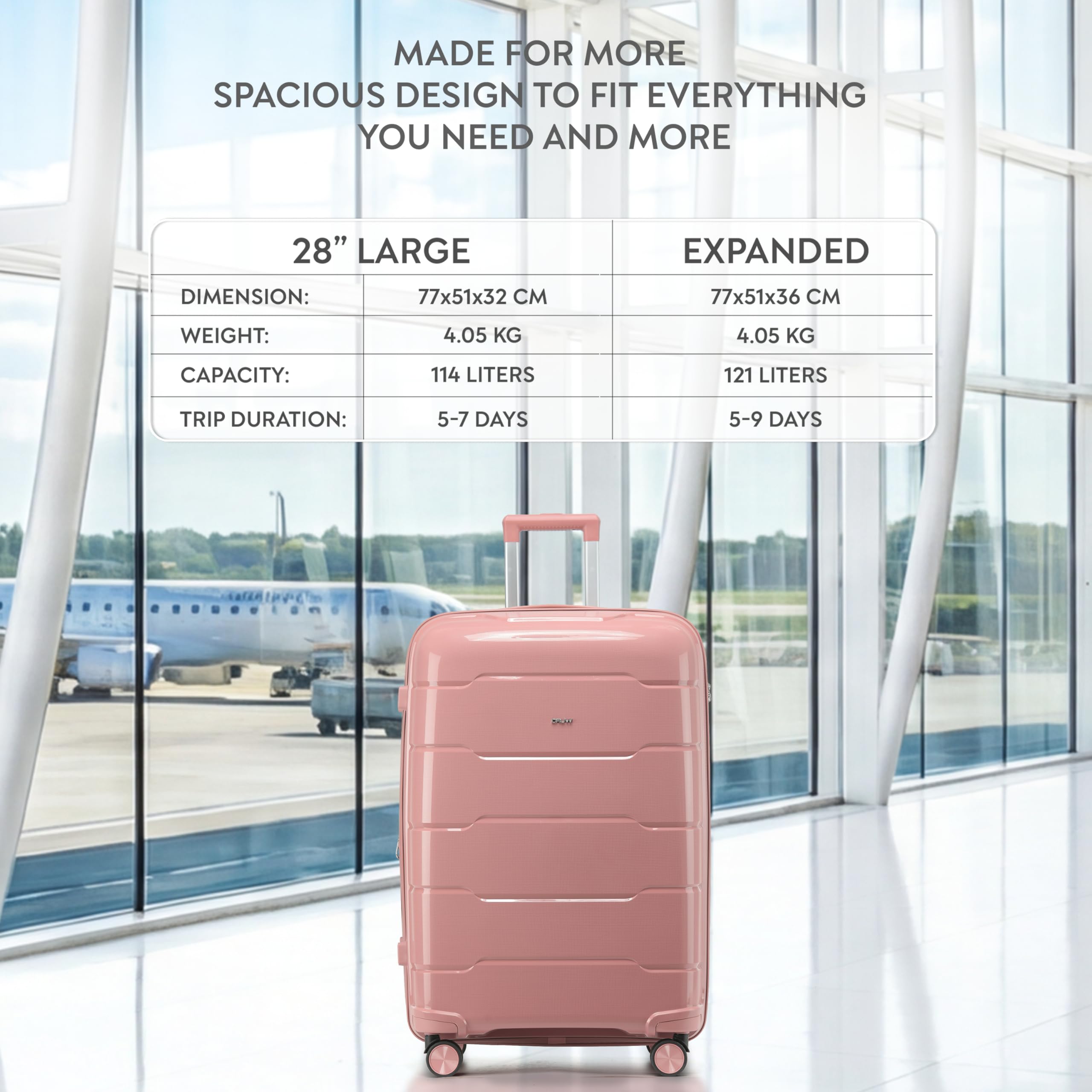 CRUW Large 28" Checked Luggage 77x51x32cm + Expandable Hold Baggage (114/121 Liters) Polypropylene Suitcase TSA Approved Lock 8 Silent Spinner Wheels Lightweight Suitcases Airline-Approved Travel