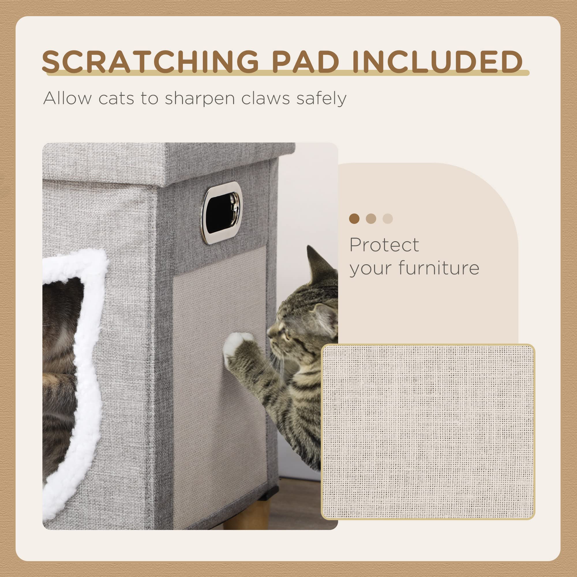 PawHut Cama Cueva de Gatos 2 en 1 Casa para Gatos Interior Tipo Reposapiés con Cojín Extraíble Bola Colgante y Almohadilla para Rascar 35,5x35,5x42,5 cm Gris