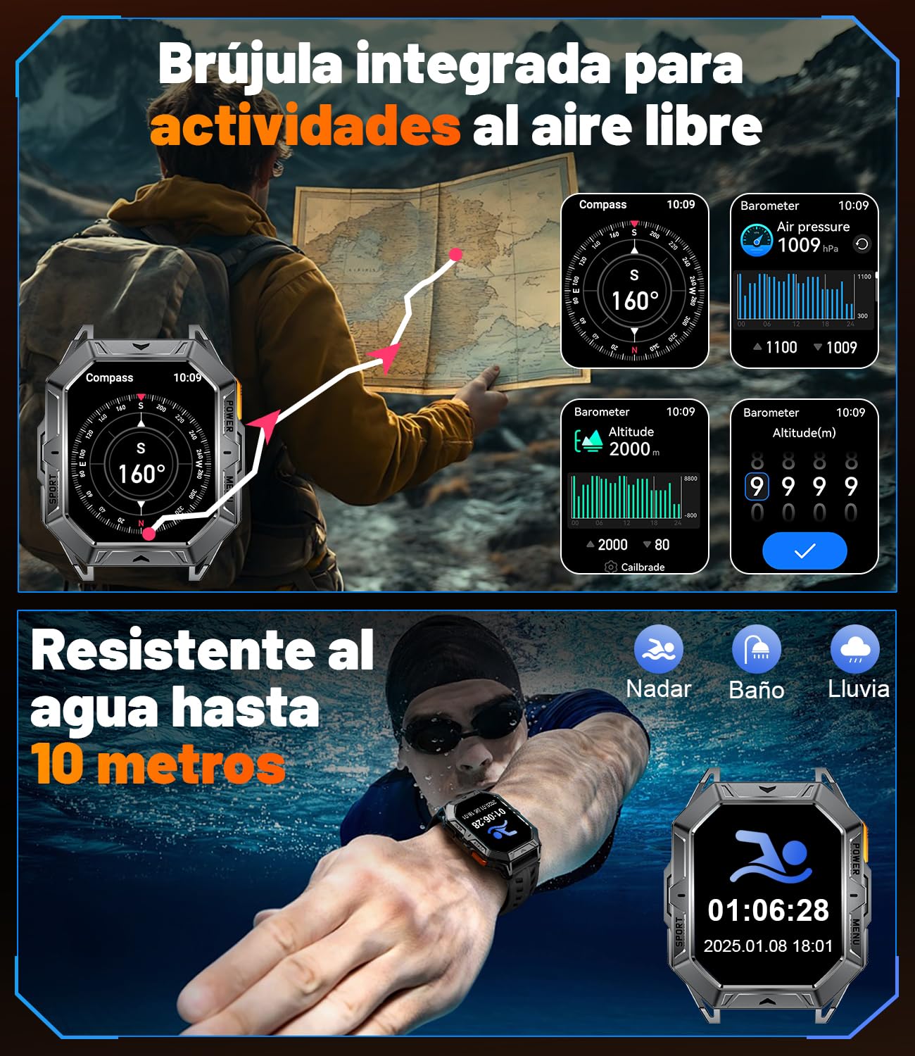 LIGE Reloj Inteligente Hombre, 256MB con 1000mAh Batería/Brújula/Altitud/Barómetro, 2.13" AMOLED Smartwatch Llamadas Bluetooth,100+ Deportivos,10ATM,Herzfrequenz/Schlafmonitor,Android iOS, Negro