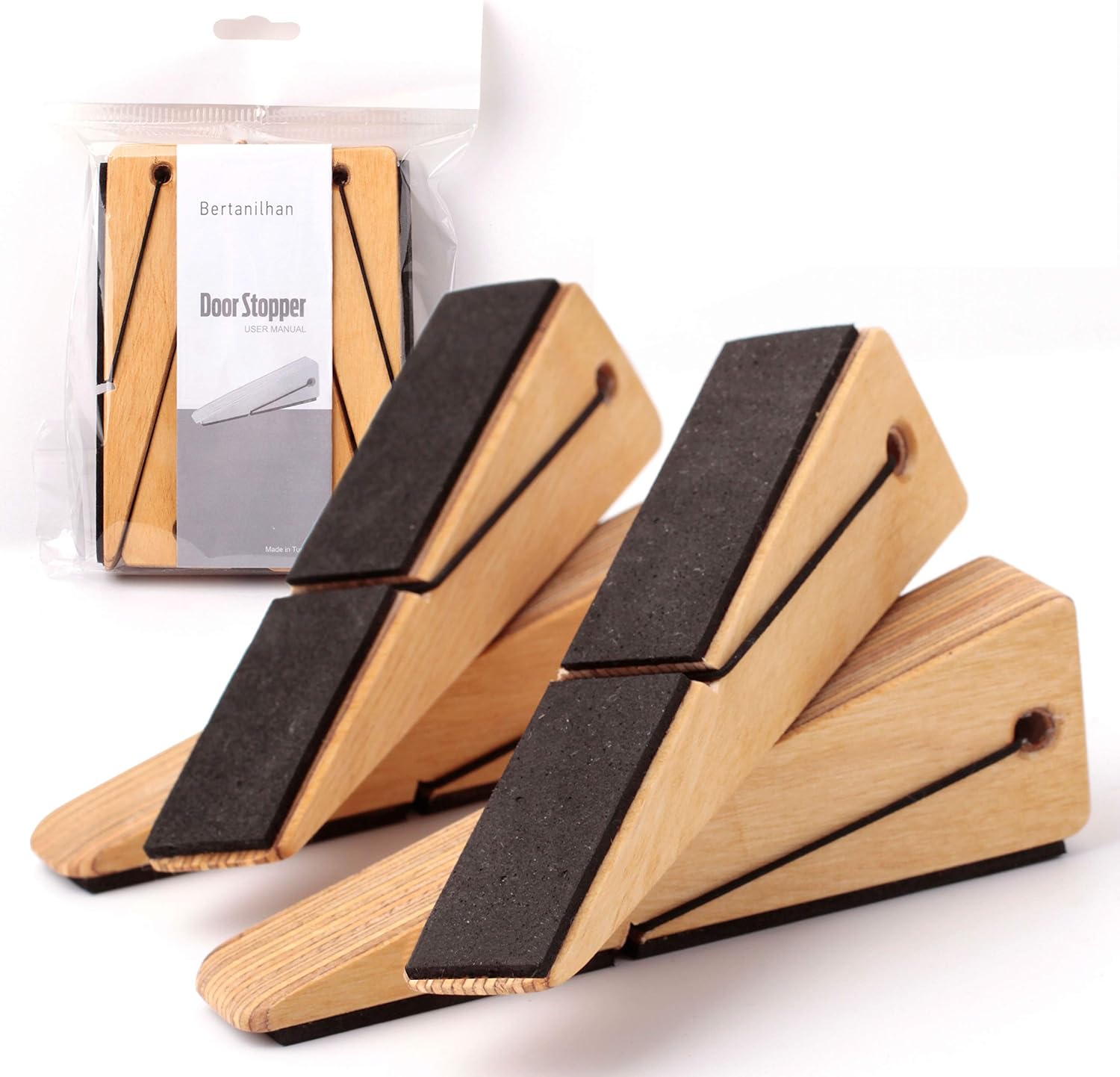 Door Stopper Decorative Doorstop Wedge- Pack of 4, Multi Surface Wooden Door Stop with Elastic Rubber Band, Non-Slip Door Stops with Heavy Duty, Quality Design for All Surfaces (Natural,4)