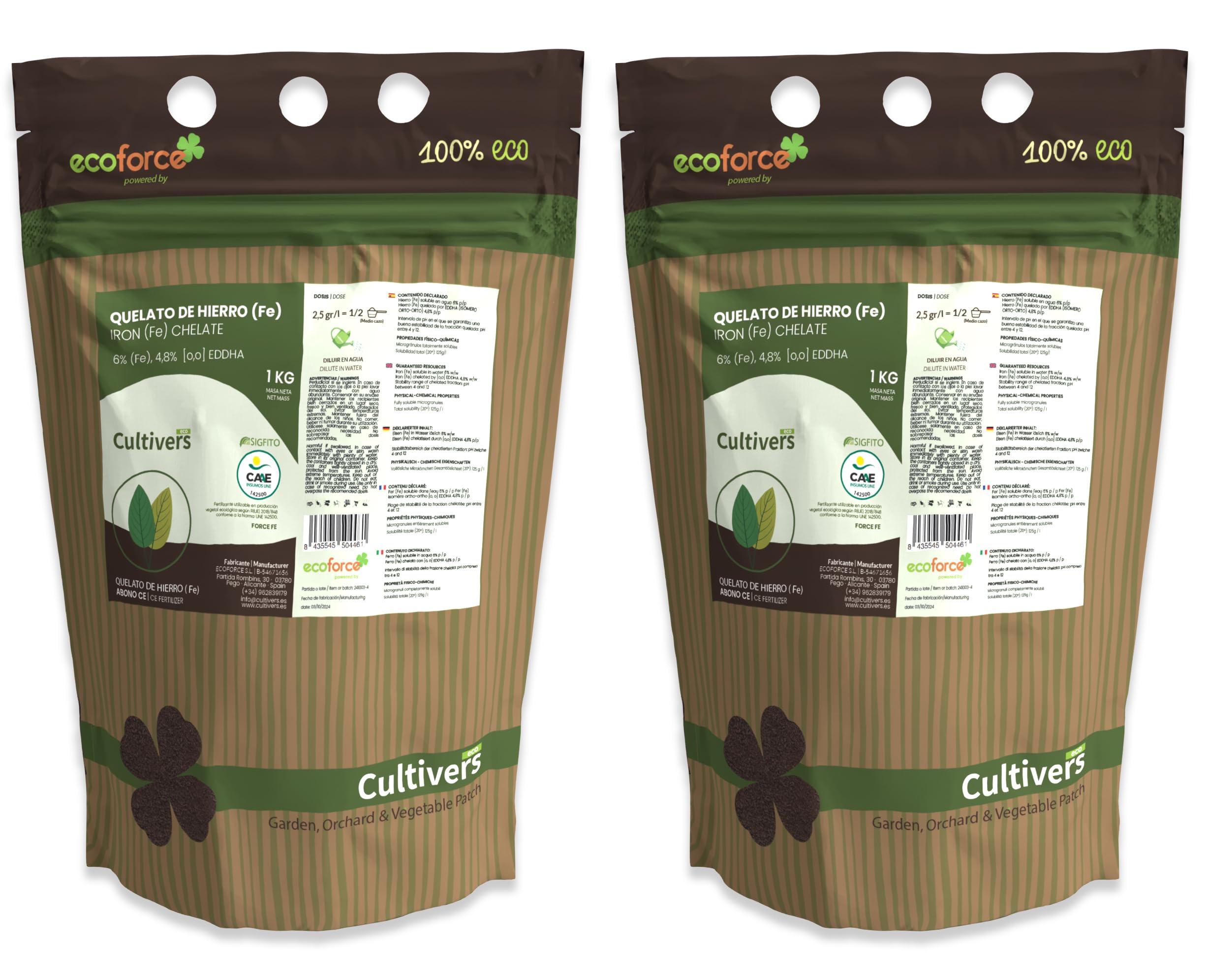 CULTIVERS Quelato de Hierro Ecológico 2x1 kg | Abono soluble con Hierro Fe-EDDHA 6% (orto-orto 4,8%) para Plantas y Cultivos en Suelos con Baja Disponibilidad de Hierro