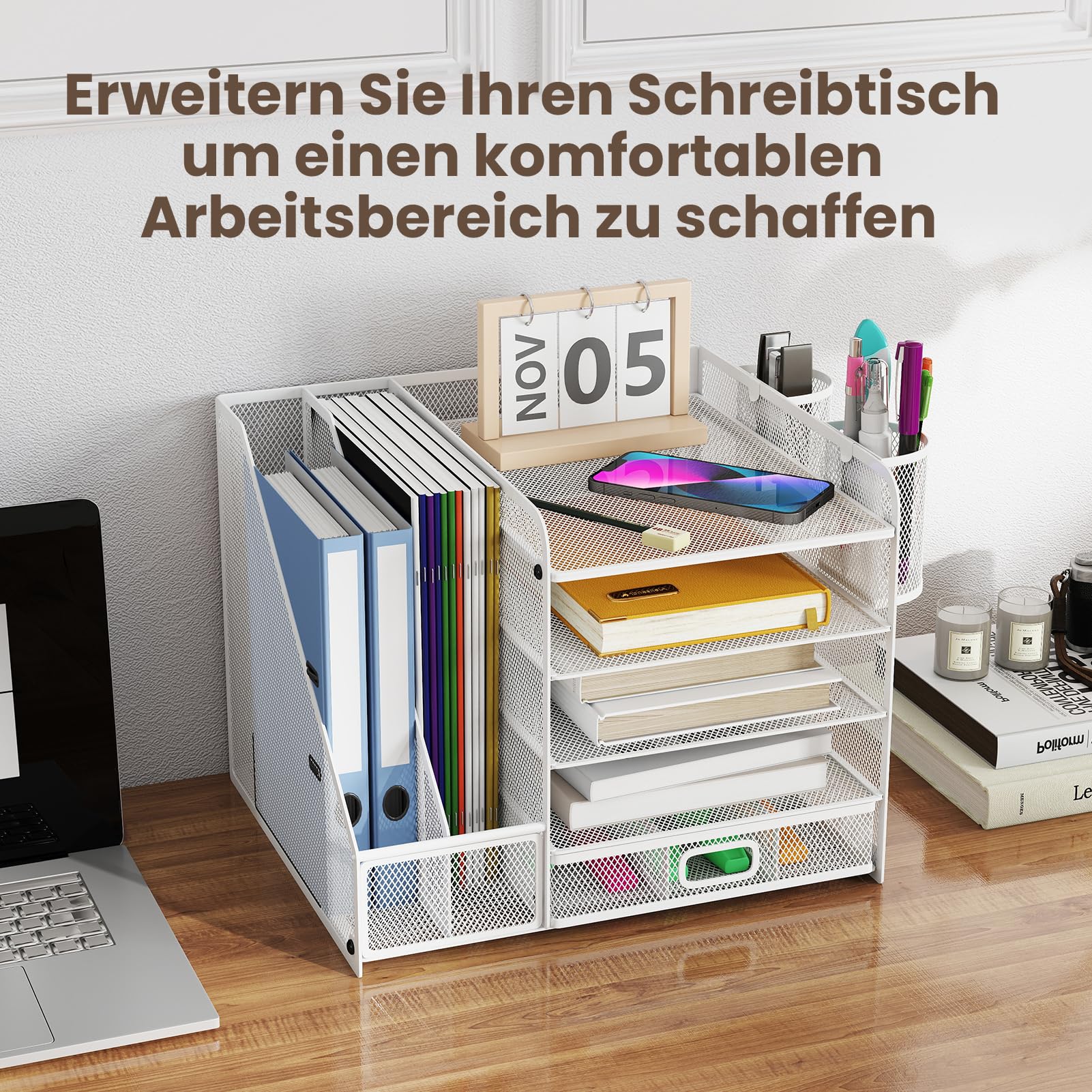 Youyijia 5-stufiger Mesh-Schreibtischorganizer mit Schublade - Aufbewahrungslösung für Büro- & Kunstbedarf, Dokumente, Stifte, Zeichenpapier & Zeitschriften, platzsparend (weiß)