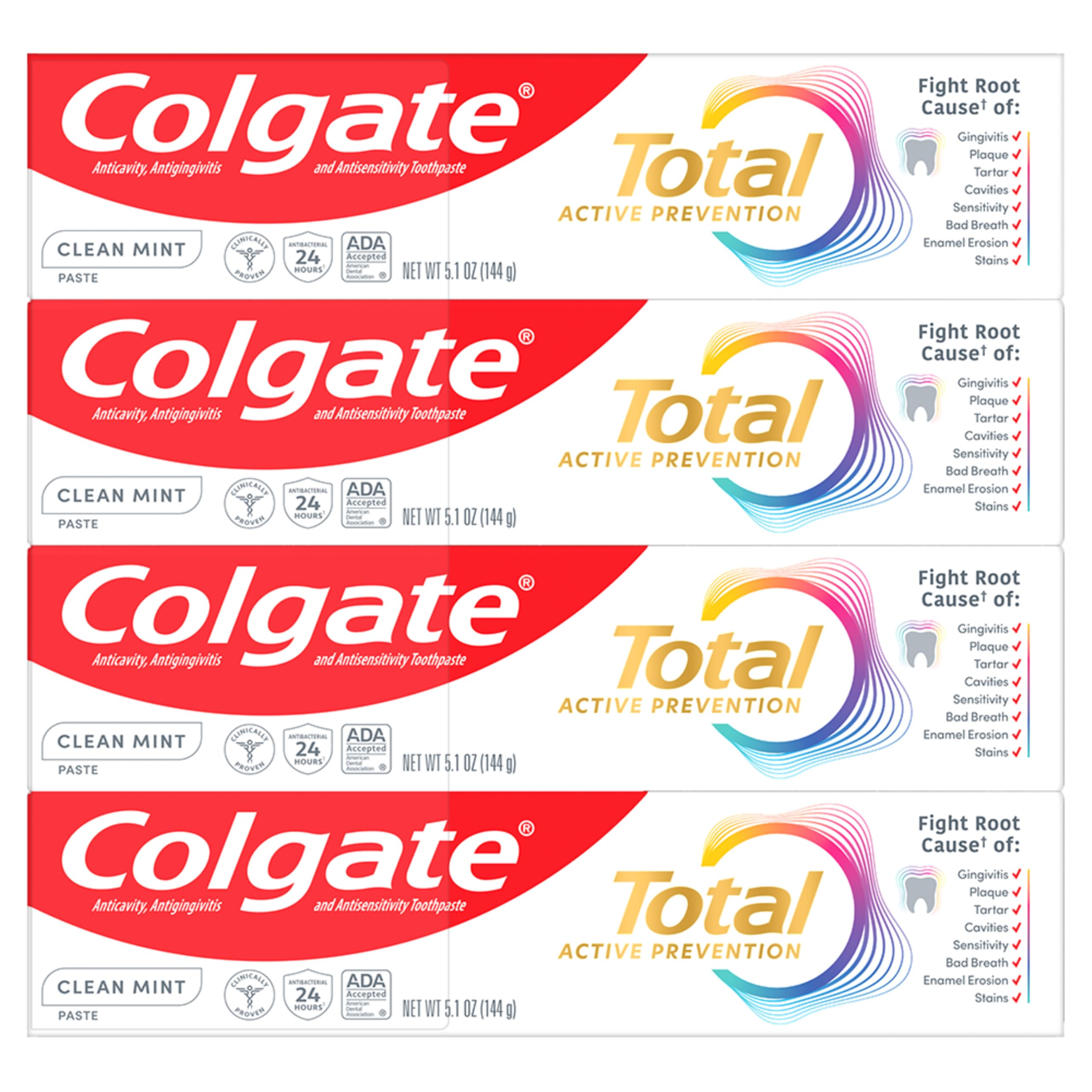 Colgate Total Clean Mint Toothpaste, 10 Benefits, No Trade-Offs, Freshens Breath, Whitens Teeth and Provides Sensitivity Relief, Clean Mint Flavor, 4 Pack, 5.1 Oz Tubes
